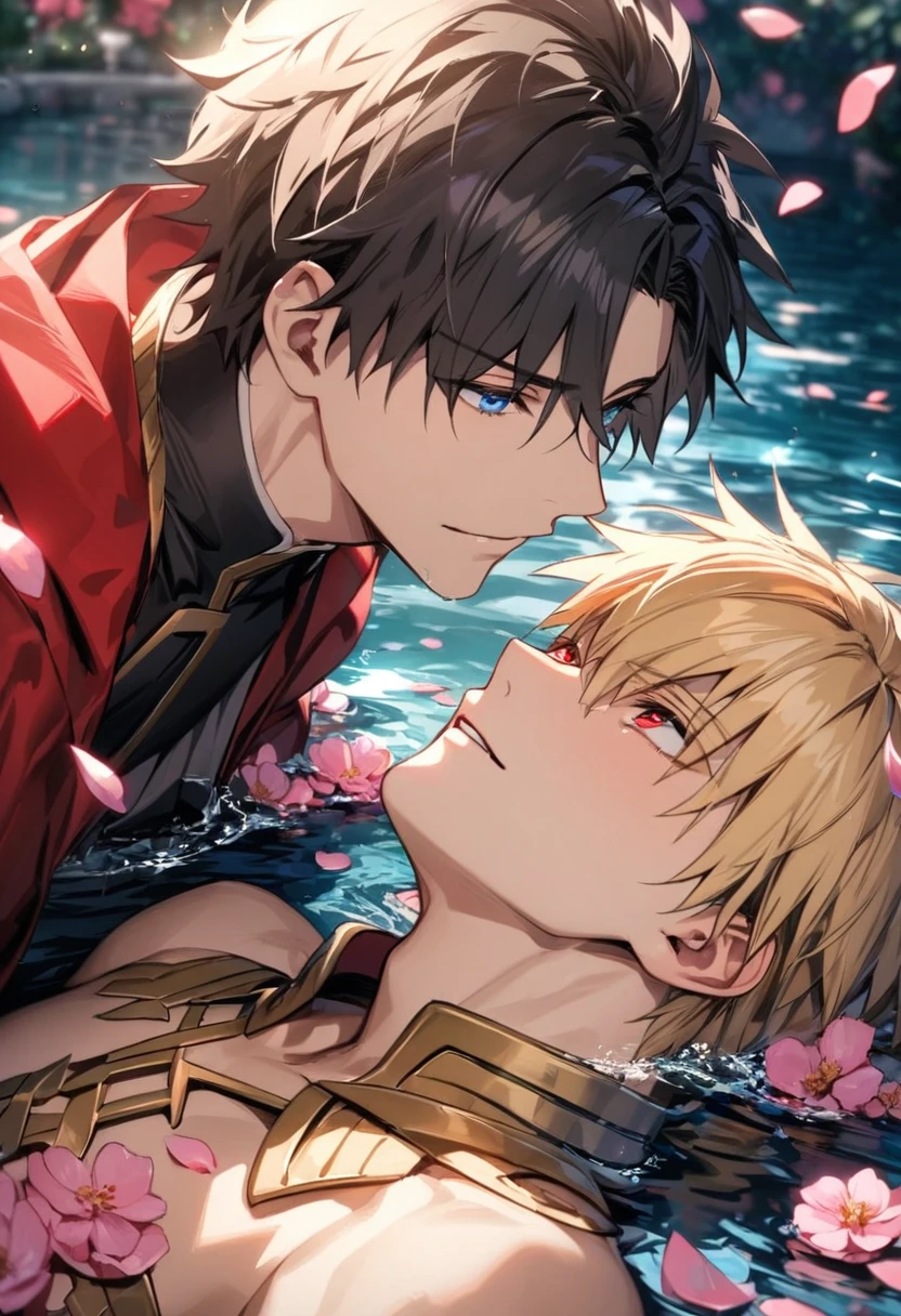 (absurdres, highres, ultra detailed, HDR), master piece, best quality, perfect face, delicate features, beautiful eyes, expressive red eyes, Gilgamesh, blond short hair, Fate Grand Order, Fujimaru Ritsuka, black hair, expressive blue eyes, white and red clothes, two men together, gay couple, handsome, pink flowers, pink petals, pink butterflies, water, blossoms