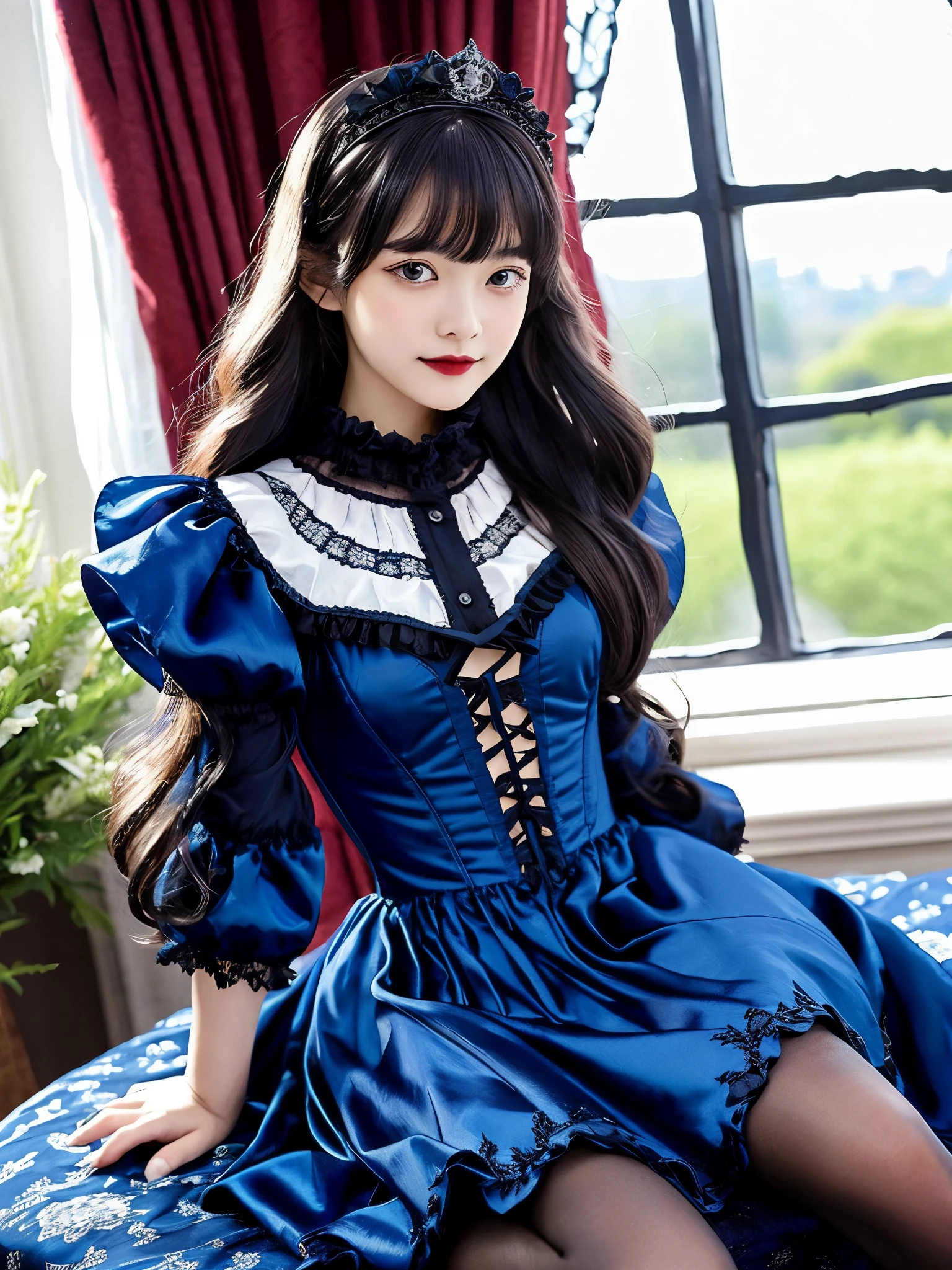 ((masterpiece)),((highest quality)),(Very detailed),(figure),((Very delicate and beautiful)),(Dynamic Angle),
One age girl, Flowers, spring, Next to the window, Rose, Very long hair, Detailed face, Long eyelashes, Ruffle sleeves, corset, tiara, Princess, Eyes of a black-and-white mansion in a luxurious Western-style building, Eyes Wide Open, sunny, Dawn, sunny, Midi dress in dark blue silk satin, Long sleeve、Puff sleeves、Rose, Straight long hair、Straight cut bangs、Black Hair, Patterned clothing, (Gothic:1.4), Platform heels, Dark blue knee socks,Whole body image