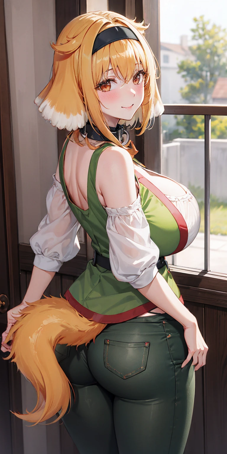 masterpiece, best quality, roxanne, dog ears, fluffy dog ears, collar, looking at viewer, large breasts, ass, smile, woman beast, very fluffy very long dog tail, dog tail starts immediately above butt, dog tail starts from skin, entire dog tail visible, short hair, flushed skin, blushing face, red cheeks, lewd smile, closed mouth, long legs, no ears, open-back, black hairband, collar, off-shoulder shirt, cleavage, green vest, green pants