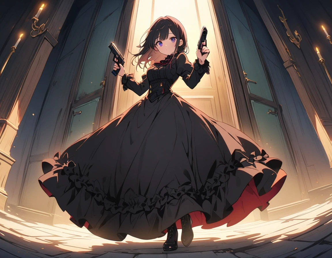 1 beautiful girl、Rin々A funny expression、(black victorian dress:1.4、Formal wear)、(Jewelry decoration)、(familiar:1.2)、(Dual pistols:1.6)、Action pose、Cool pose、Low waist posture、Complex skirt、steampunk、Full Body, (highest quality、masterpiece、High resolution、detailed)、animeスタイル、Flat Style、High saturation、(Beautiful Eyes, Delicate and beautiful face, ),extremely detailed、(The Shining), Best lighting, Best Shadow、Dynamic Angle、anime