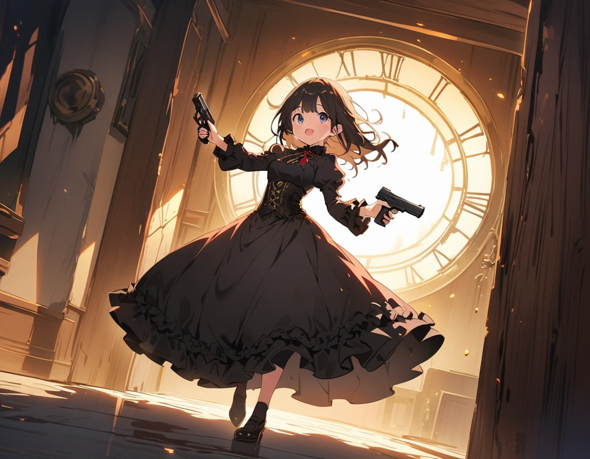 1 beautiful girl、Rin々A funny expression、(black victorian dress:1.4、Formal wear)、(Jewelry decoration)、(familiar:1.2)、(Dual pistols:1.6)、Action pose、Cool pose、Low waist posture、Complex skirt、steampunk、Full Body, (highest quality、masterpiece、High resolution、detailed)、animeスタイル、Flat Style、High saturation、(Beautiful Eyes, Delicate and beautiful face, ),extremely detailed、(The Shining), Best lighting, Best Shadow、Dynamic Angle、anime