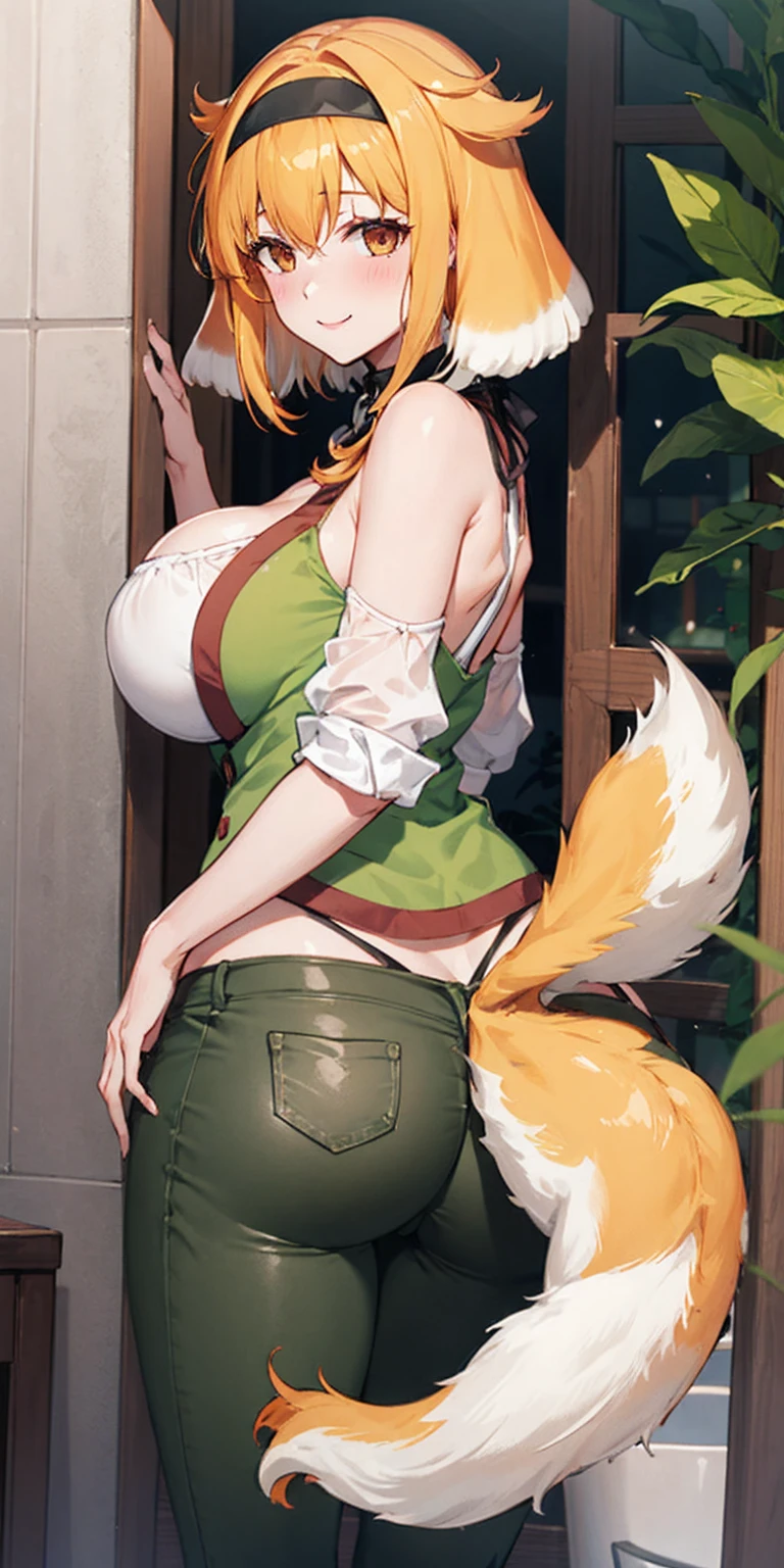 masterpiece, best quality, roxanne, dog ears, fluffy dog ears, collar, looking at viewer, large breasts, ass, smile, woman beast, very fluffy very long dog tail, dog tail starts immediately above butt, dog tail starts from skin, entire dog tail visible, short hair, flushed skin, blushing face, red cheeks, lewd smile, closed mouth, long legs, no ears, open-back, black hairband, collar, off-shoulder shirt, cleavage, green vest, green pants