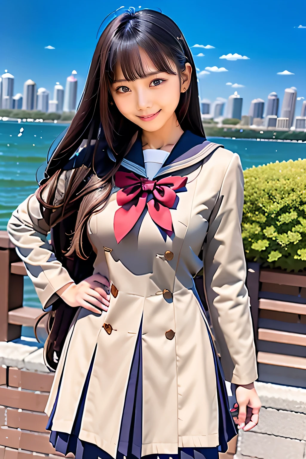 Arabian asian woman in uniform standing on pier, seifuku, loose coat collar Sailor suit, wearing japanese , japanese , Japanese girls uniform, JK Uniform, iwakura lain, Sailor suit, Another close-up of Iwakura, Wearing uniform, Girl in uniform, wearing , rumiko
