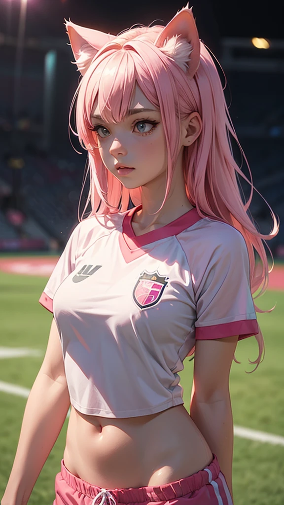 (high resolution, upper body, soft skin:1.2),(best illustration,masterpiece:1.2),ultra-detailed,[(cat ears ,pink inside:1.2),vivid colors,sharp focus,portrait,studio lighting,bokeh, wearing a female soccer jersey and shorts, field background, full body portrait