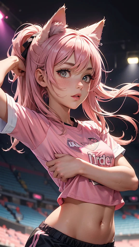 (high resolution, upper body, soft skin:1.2),(best illustration,masterpiece:1.2),ultra-detailed,[(cat ears ,pink inside:1.2),vivid colors,sharp focus,portrait,studio lighting,bokeh, wearing a female soccer jersey and shorts, field background, full body portrait