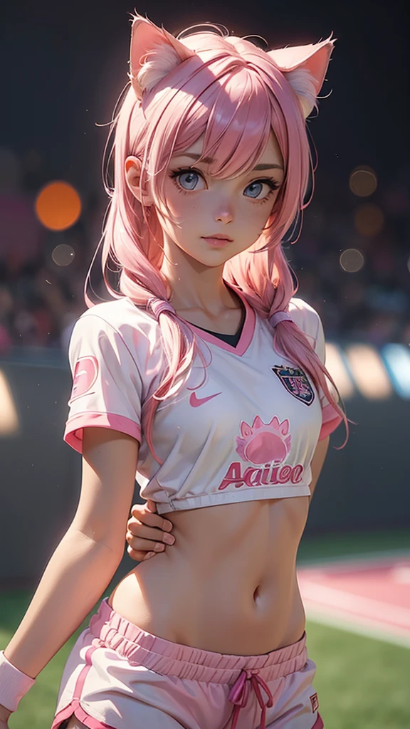 (high resolution, upper body, soft skin:1.2),(best illustration,masterpiece:1.2),ultra-detailed,[(cat ears ,pink inside:1.2),vivid colors,sharp focus,portrait,studio lighting,bokeh, wearing a female soccer jersey and shorts, field background, full body portrait