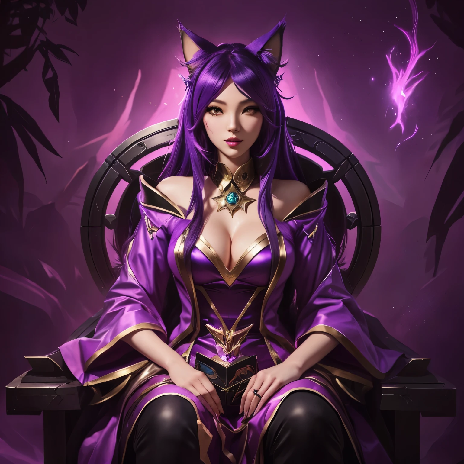 a woman with a purple ball in her hand in a dark forest, league of legends concept art, riot games concept art, seraphine ahri kda, league of legends character art, ahri, league of legends splash art, league of legends arcane, leblanc, portrait of ahri, splash art, from league of legends, league of legends character
