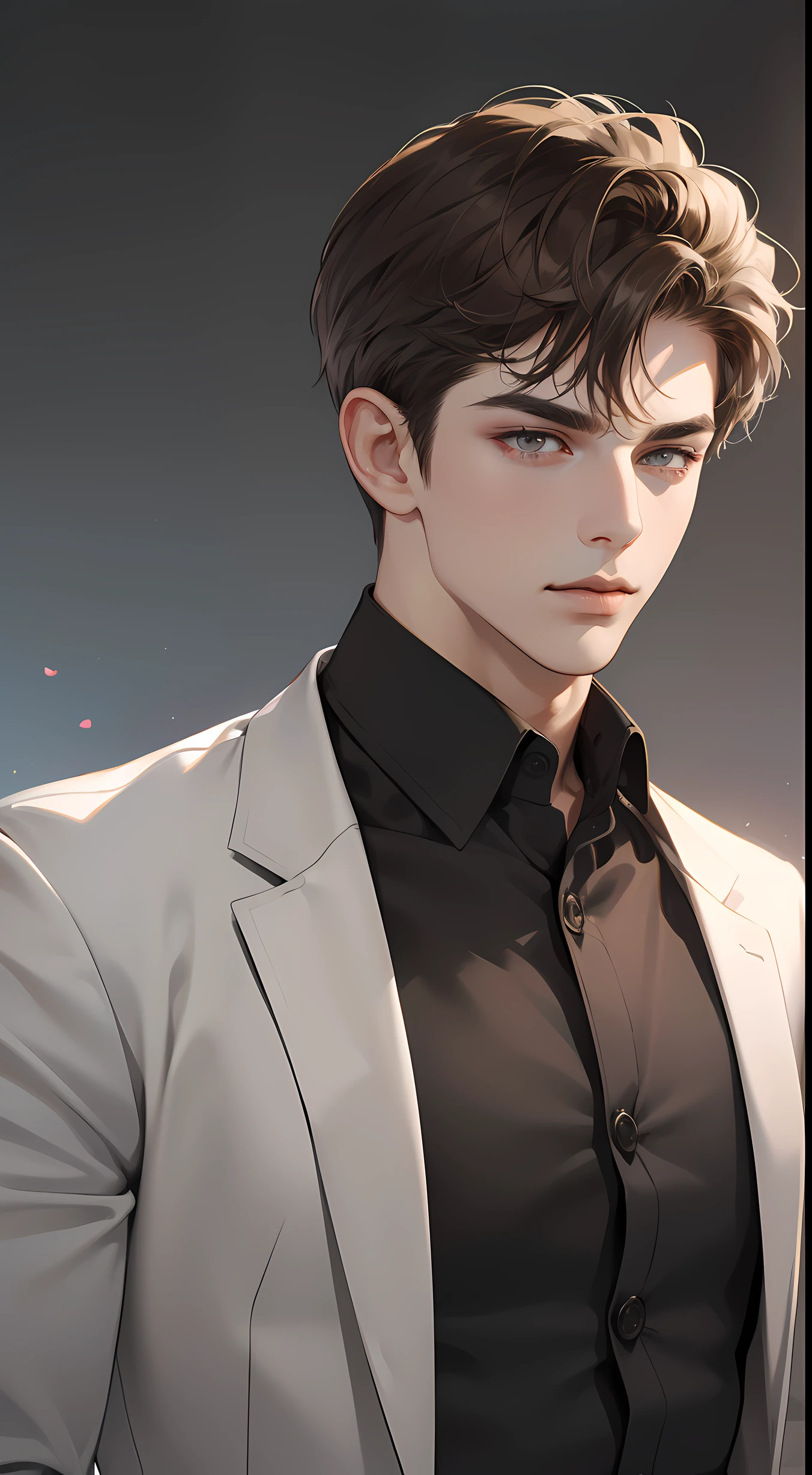 masterpiece, best quality, realistic, 1man, mature male, quiet and charming young man, 25 years old, close his eyes, serious look, extremely detailed face, smirk, ((dark grey eyes)), ((short-right-swept dark brown hair)), [thick eyebrows], detective, Black background, ((suit)), cinematic lighting