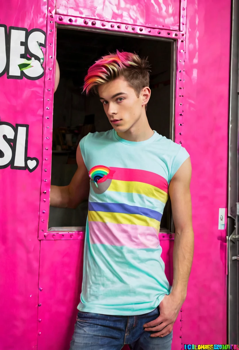 Un homme twink de 19 ans d'1m74 assez fin aux cheveux roses. Il porte un t-shirt multicolore très ample en boule et se cache derrière un mur dans un hangar. Il a le regard apeuré.