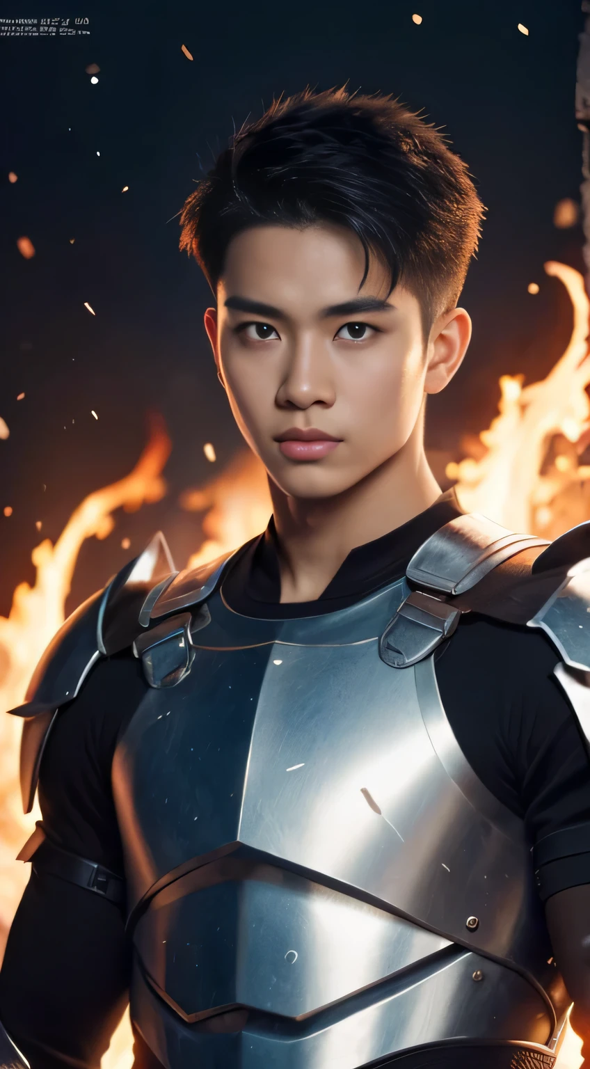 A asian boy like Mighty Archangel Michael,19 years old, handsome, Full Body Shoot, Short Quiff hairstyle, (eyes contact), look at camera, detailed facial parts, Manly, with a muscular constitution :: high detail, is in battle armor, flaming blue sword of golden pearls, a flaming sacred aura radiating from his body, without wings, moon background, surreal, fantasy, magical, intricate details, (dynamic upper body posture: 1.1), depth of field. Best quality, masterpiece, ultra high resolution, (anime realism, photorealistic: 1.4), perfect composition, centered, symmetry