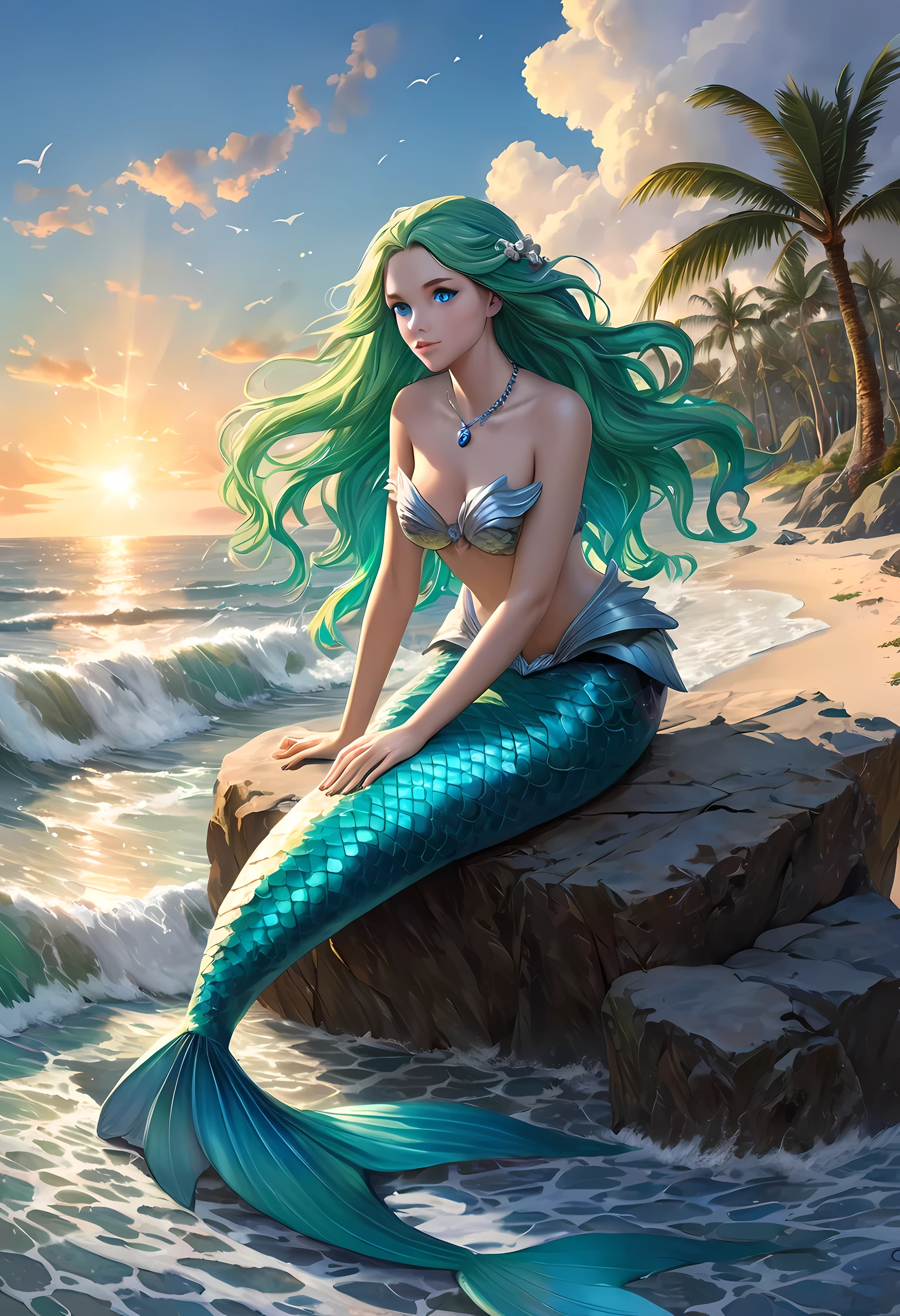 high details, best quality, 16k, [ultra detailed], masterpiece, best quality, (extremely detailed), full body, ultra wide shot, RAW, photorealistic, fantasy art, dnd art, rpg art, realistic art, an ultra wide picture of a mermaid resting on a rock on a blue coast(1.5 intricate details, Masterpiece, best quality) , female mermaid, blue skin, green hair, long hair, swirling hair, intense eyes, small pointed ears, ((blue eyes)), ((glowing eyes)), wearing sea shell clothing, beautiful mermaid, you can see the coast line behind her, the waves hitting the beach, palm trees, the sun is rising from behind her, dynamic fantasy blue beach background ((magical atmosphere)), high details, best quality, highres, ultra wide angle