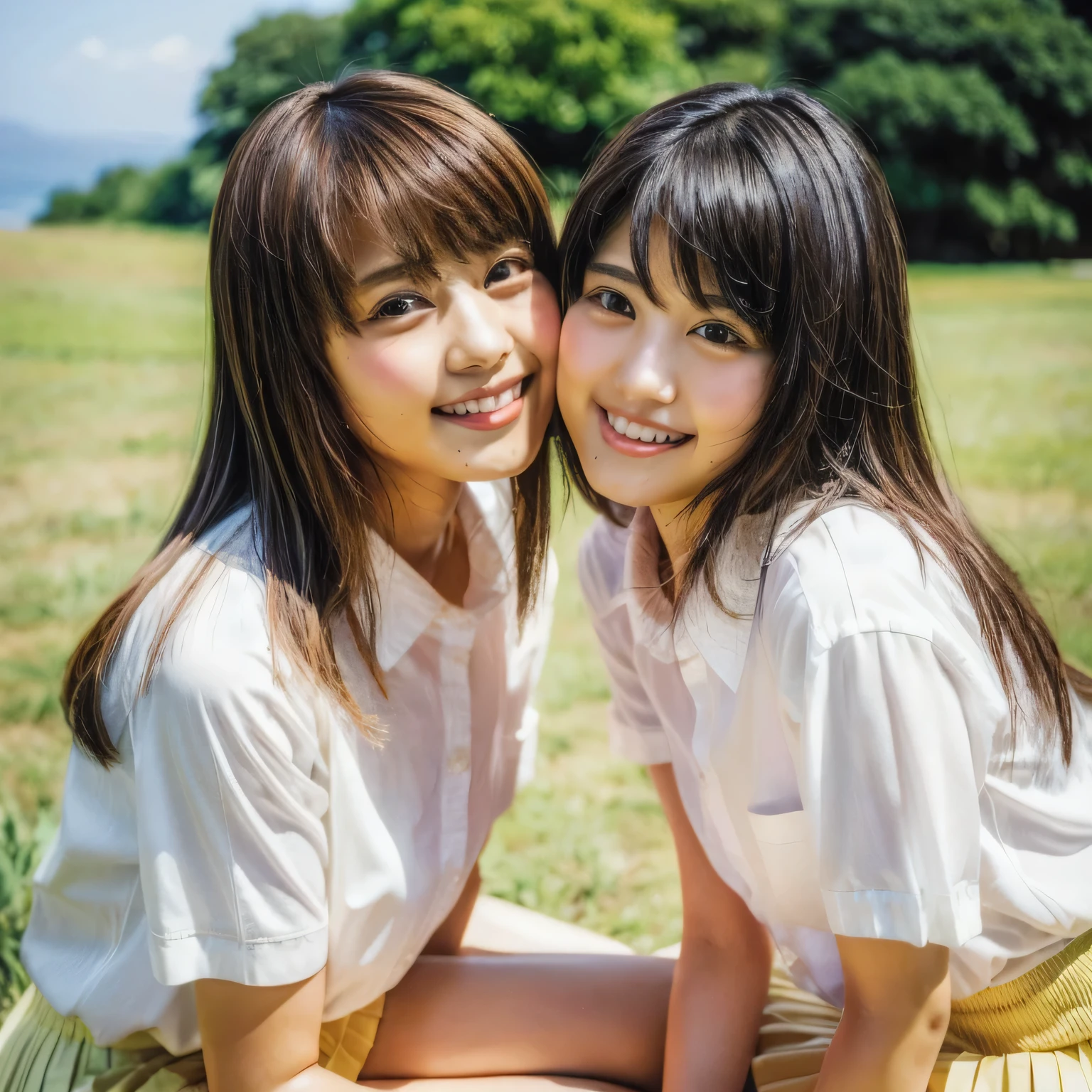 highest quality, masterpiece, Ultra-high resolution, (Photorealistic:1.4), RAW Photos, Two Girls, With two people, Cute Japan high school student, (White shirt, black pleated mini skirt), , Small Ass, smile, Amazingly cute face, Very beautiful eyes、White skin, Detailed skin