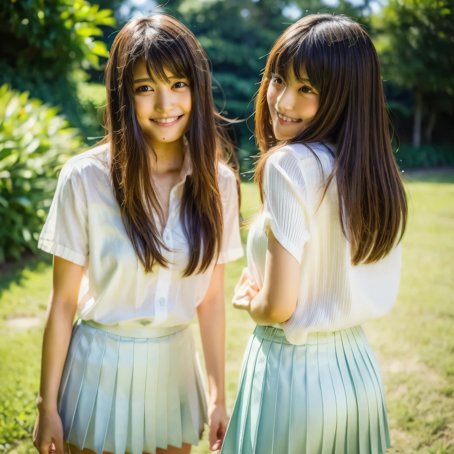 highest quality, masterpiece, Ultra-high resolution, (Photorealistic:1.4), RAW Photos, Two Girls, With two people, Cute Japan high school student, (White shirt, black pleated mini skirt), , Small Ass, smile, Amazingly cute face, Very beautiful eyes、White skin, Detailed skin