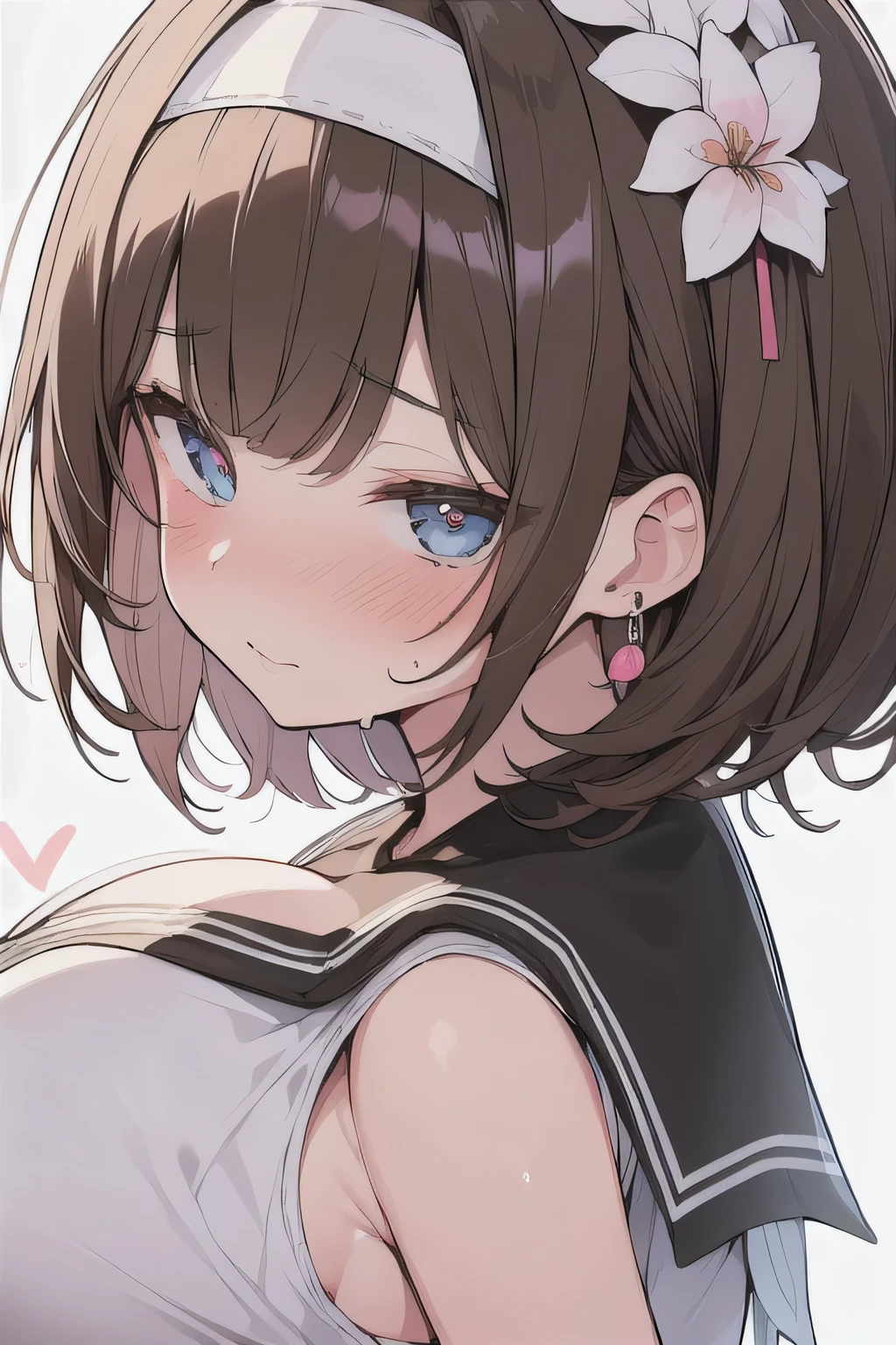(best quality), (Super detailed), (Best Illustration), (1woman), look at viewer, from side, (Ahegao:1.2), (show off bra:1.3), (white serafuku), (very big Breasts:1.2), {brown hair, (bob cut:1.2), curly hair, hairs between eyes}, {(detailed eyes), heart-shaped pupils, blue eyes}, blush, sweat, steam, earrings, flower hairband, (white background:1.3),