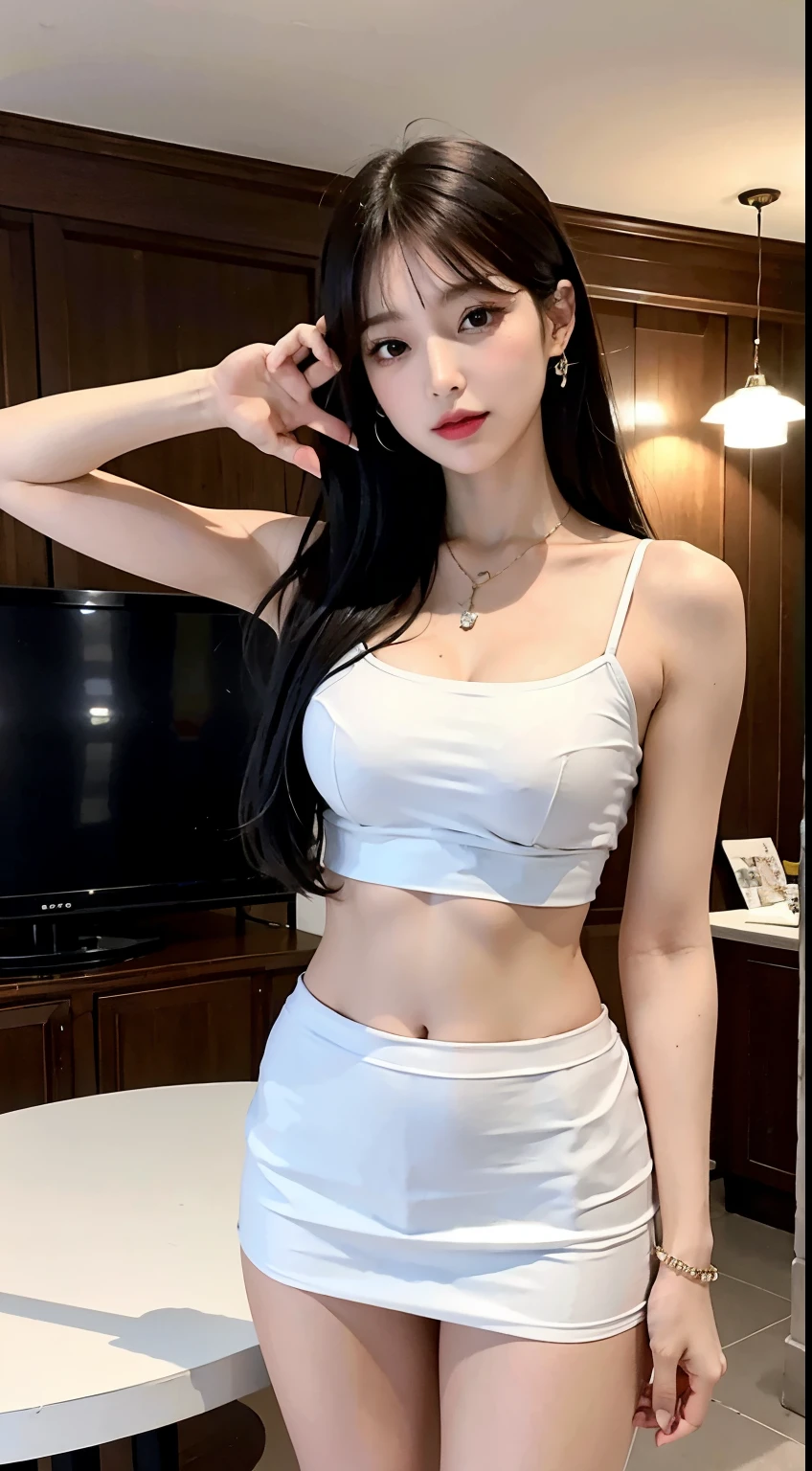 （realistically， High resolution;：1.3）， 1 fille avec un corps parfait， super fine affronter and eyes，cheveux longs et blancs， 1.2, To L&#39; in broadway， （Geai eurasien：1.5）, chef-d&#39;artwork， best quality， Photo brute， realistically， affronter， Résolution incroyablement ridicule， profondeur de champs， High resolution;， ultra-detailed， fine detail， very very detailed， extremely detailed eyes and affronter， pupilles pointues， Student Realist， Effacer le verrouillage de la mise au point， Cinematographic lighting, tout le corps, jolies jambes, long black hair, jewelry, good clothes, in front of tv