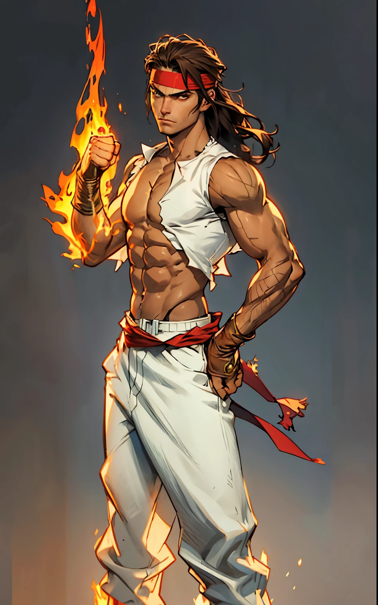 A young man with thick chestnut-brown long hair, a red headband adorned his forehead, devoid of eyebrows, triangular eyes, a square face, proud expression, robust and muscular physique, a fantasy-style tight-fitting open-chest vest, gloves, a ragged cloth tied around his waist, white utility trousers, his raised right fist surrounded by crimson flames, stands amidst boundless wilderness, this character embodies a finely crafted fantasy-style rogue in anime style, exquisite and mature manga art style, high definition, best quality, highres, ultra-detailed, ultra-fine painting, extremely delicate, professional, perfect body proportions, golden ratio, anatomically correct, symmetrical face, extremely detailed eyes and face, high quality eyes, creativity, RAW photo, UHD, 32k, Natural light, cinematic lighting, masterpiece-anatomy-perfect, masterpiece:1.5