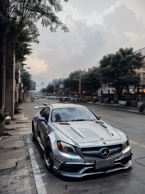 Mercedes, ,Exotic Cyberpunk, 4K, HDR, Rendering, masterpiece, Ray Tracing, cyberpunk scene, Black car, Neon, drifting, carbon, futurist, neon, night, Back Wave
