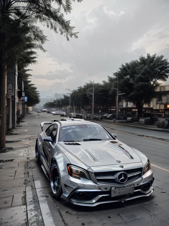 Mercedes, ,Exotic Cyberpunk, 4K, HDR, Rendering, masterpiece, Ray Tracing, cyberpunk scene, Black car, Neon, drifting, carbon, futurist, neon, night, Back Wave