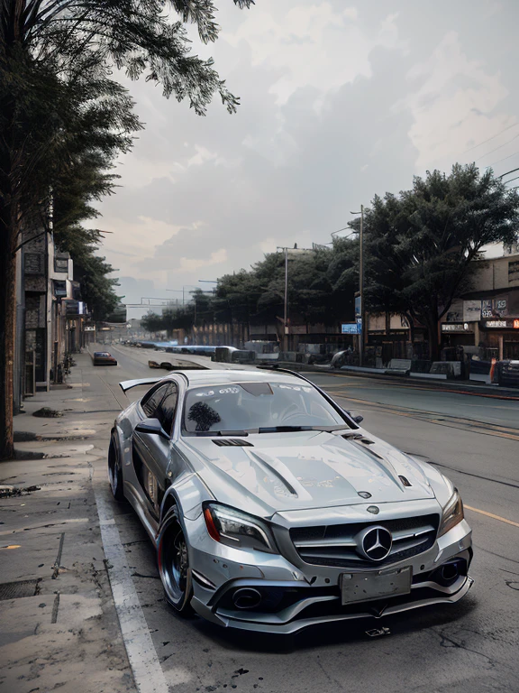  Mercedes, ，Exotic Cyberpunk, 4K, HDR, Rendering, masterpiece, Ray Tracing, cyberpunk scene, Black car, Neon, drifting, carbon, futurist, neon, night, Back Wave