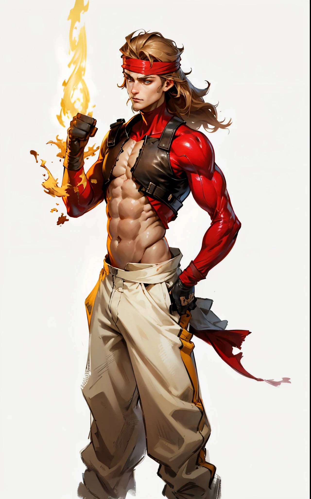 A young man with thick chestnut-brown long hair, a red headband adorned his forehead, devoid of eyebrows, triangular eyes, a square face, proud expression, robust and muscular physique, a fantasy-style tight-fitting open-chest vest, gloves, a ragged cloth tied around his waist, white utility trousers, his raised right fist surrounded by crimson flames, stands amidst boundless wilderness, this character embodies a finely crafted fantasy-style rogue in anime style, exquisite and mature manga art style, high definition, best quality, highres, ultra-detailed, ultra-fine painting, extremely delicate, professional, perfect body proportions, golden ratio, anatomically correct, symmetrical face, extremely detailed eyes and face, high quality eyes, creativity, RAW photo, UHD, 32k, Natural light, cinematic lighting, masterpiece-anatomy-perfect, masterpiece:1.5