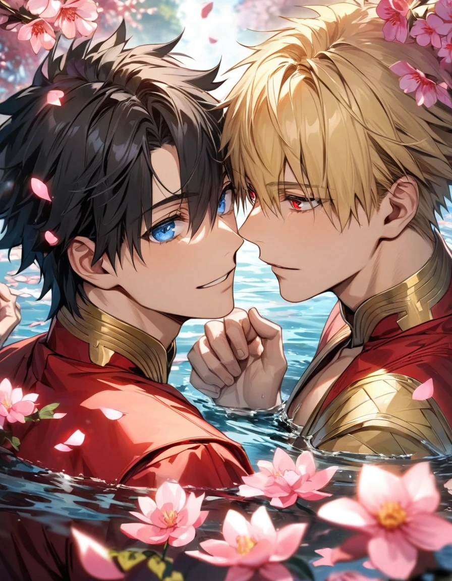 (absurdres, highres, ultra detailed, HDR), master piece, best quality, perfect face, delicate features, beautiful eyes, expressive red eyes, Gilgamesh, blond short hair, Fate Grand Order, Fujimaru Ritsuka, black hair, expressive blue eyes, white and red clothes, two men together, gay couple, handsome, pink flowers, pink petals, pink butterflies, water, blossoms