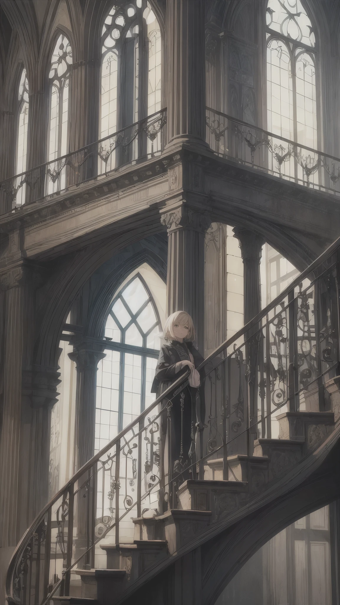 In the night,Inside the iron tower,Inside the dark long spiral staircase,the stair made of iron,one woman 20years old,short blonde hair,she’s wearing army’s style,the woman is standing on the stairs,(woman close up)