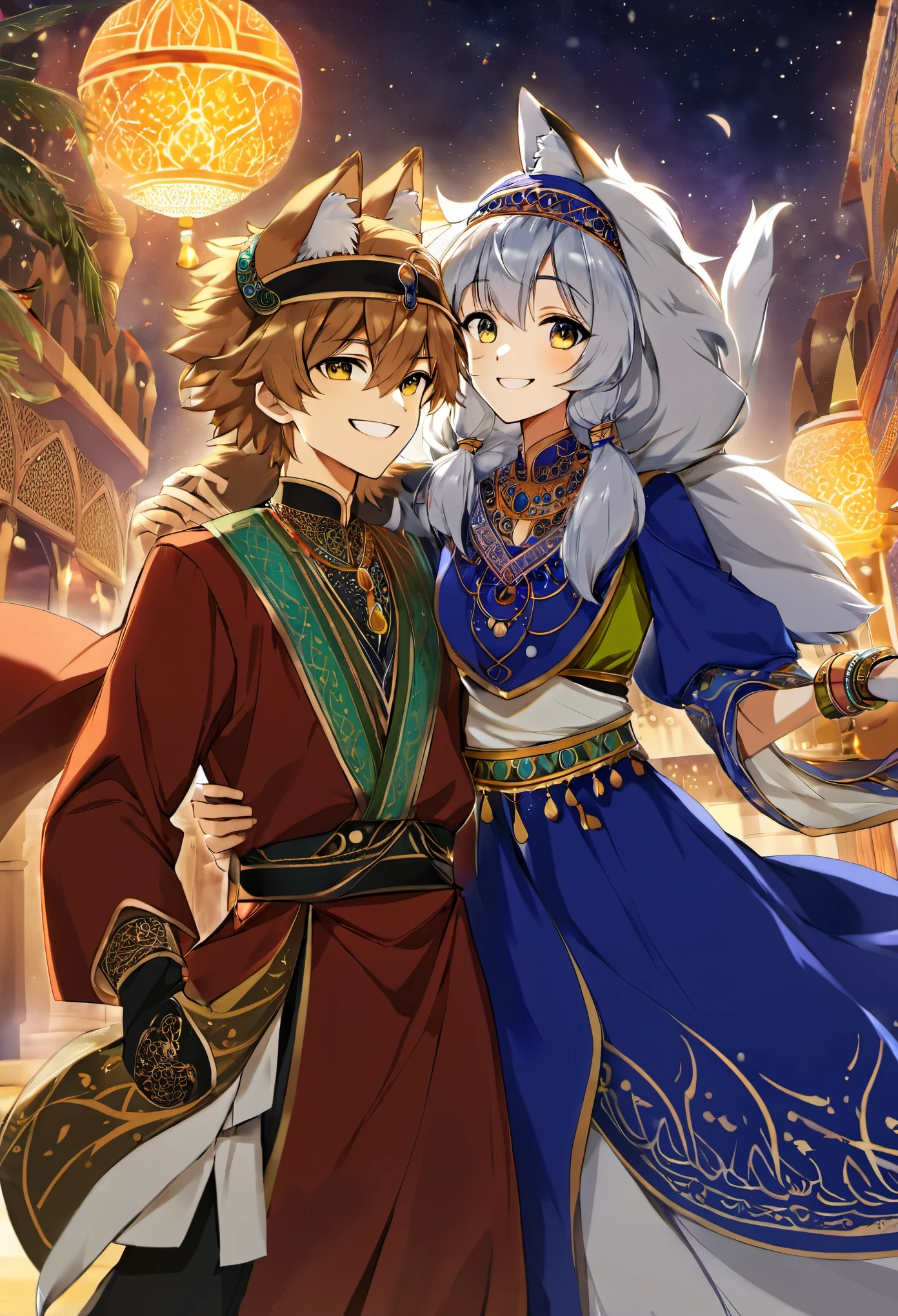 doujinshi cover_page, highres, top quality, best quality, paid reward available, unparalleled masterpiece, perfect artwork, absurdres, High-quality illustrations, super high resolution, detailed background, perfect anatomy(1girl, 1boy, couple, kemono, furry anthro, fearless smile, Arab national costume)The Arabian Nights, Alf Laylah wa Laylah,