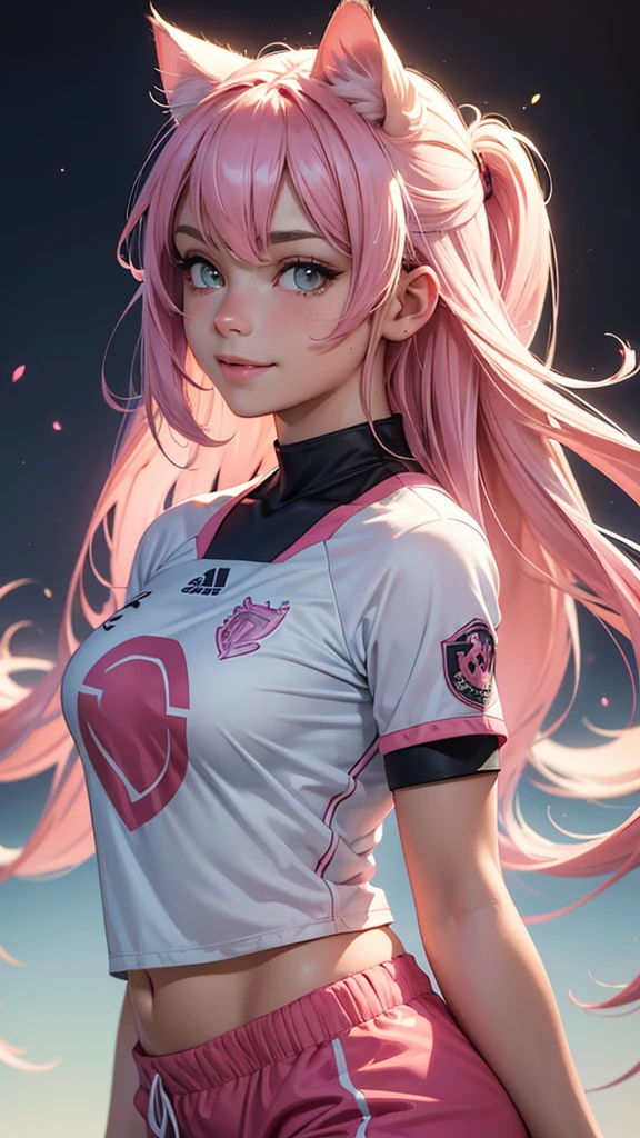 (high resolution, upper body, soft skin:1.2),(best illustration,masterpiece:1.2),ultra-detailed,[(cat ears ,pink inside:1.2),vivid colors,sharp focus,portrait,studio lighting,bokeh, wearing a female soccer jersey and shorts, field background, full body portrait, smiling
