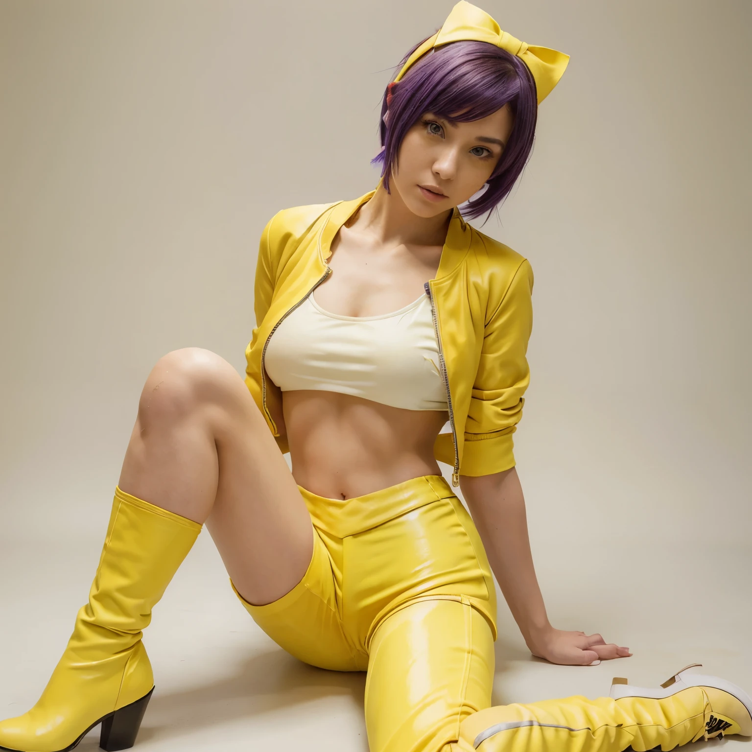 (anime artwork, Anime Style, Studio Anime, Very detailed, up to date, Vibrant, Anime Coloring, High Contrast, masterpiece:1.2, highest quality, Best aesthetics), Cowboy Bebop_Artistic, Faye Valentine, 23 year old woman, (Purple Hair, short hair, Green Eyes), (Yellow headband, no dress, open , Cropped tops:1.2), (Red jacket:1.2), Expose your shoulders:1.4, (Yellow hot pants:1.4), (White boots), (Dynamic Angle), Simple Background, Plain background.