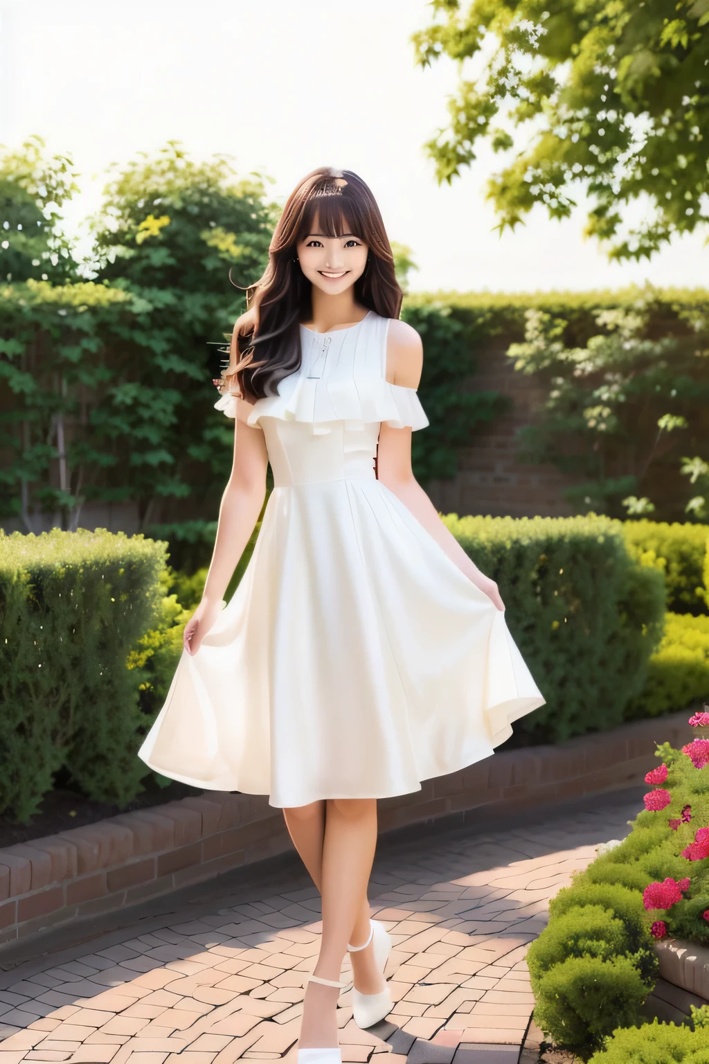 bangs, araffe woman in White Dress walking on brick walkway in garden, flowing White Dress, wearing a white loose fitting dress, elegant White Dress, Graceful smile pose, wearing White Dress,  In a dress, pretty White Dress, White Dress, full body White Dress, Romantic Dress, loose fitting dress, Cute and elegant pose, korean female fashion model