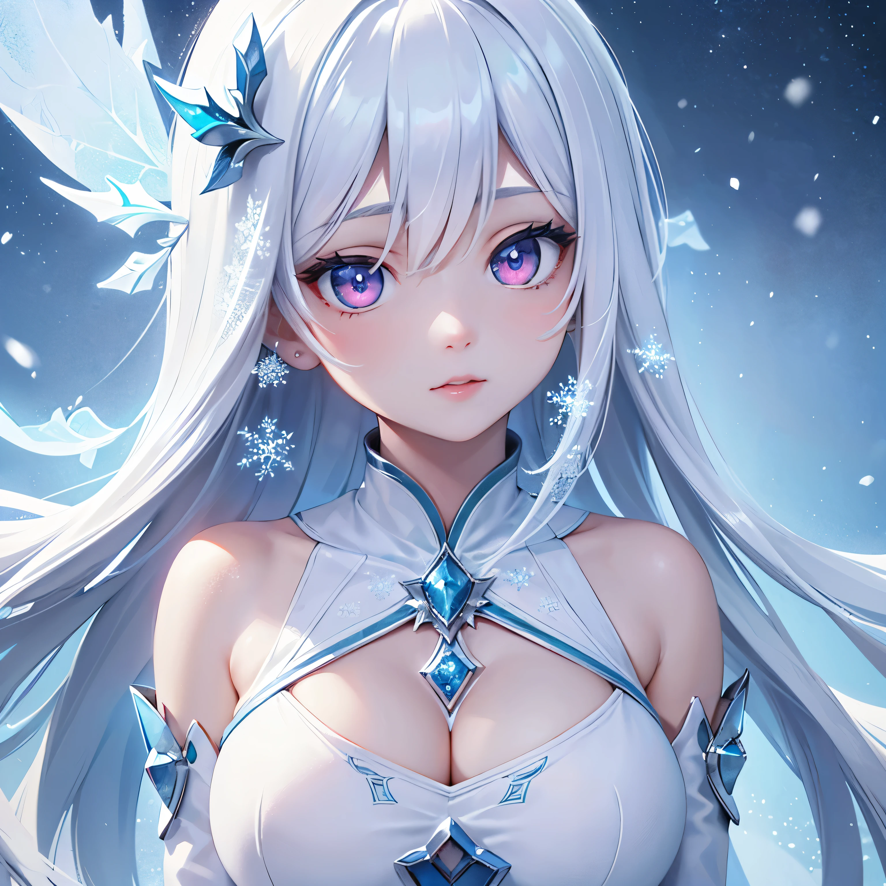 (masterpiece,best quality,ultra-detailed),1girl, large breast, glowing eyes,long hair,(((frost pretty girl))),beautiful and detailed face, detailed eyes,night,snow particles in the air,((frost theme)),((((frost theme)))),