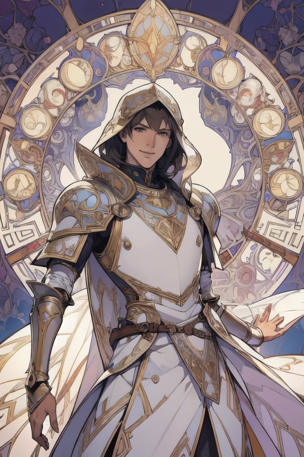 man with a full view,poses,Arcaniic smile,background white,(knight),(Mucha in the background)