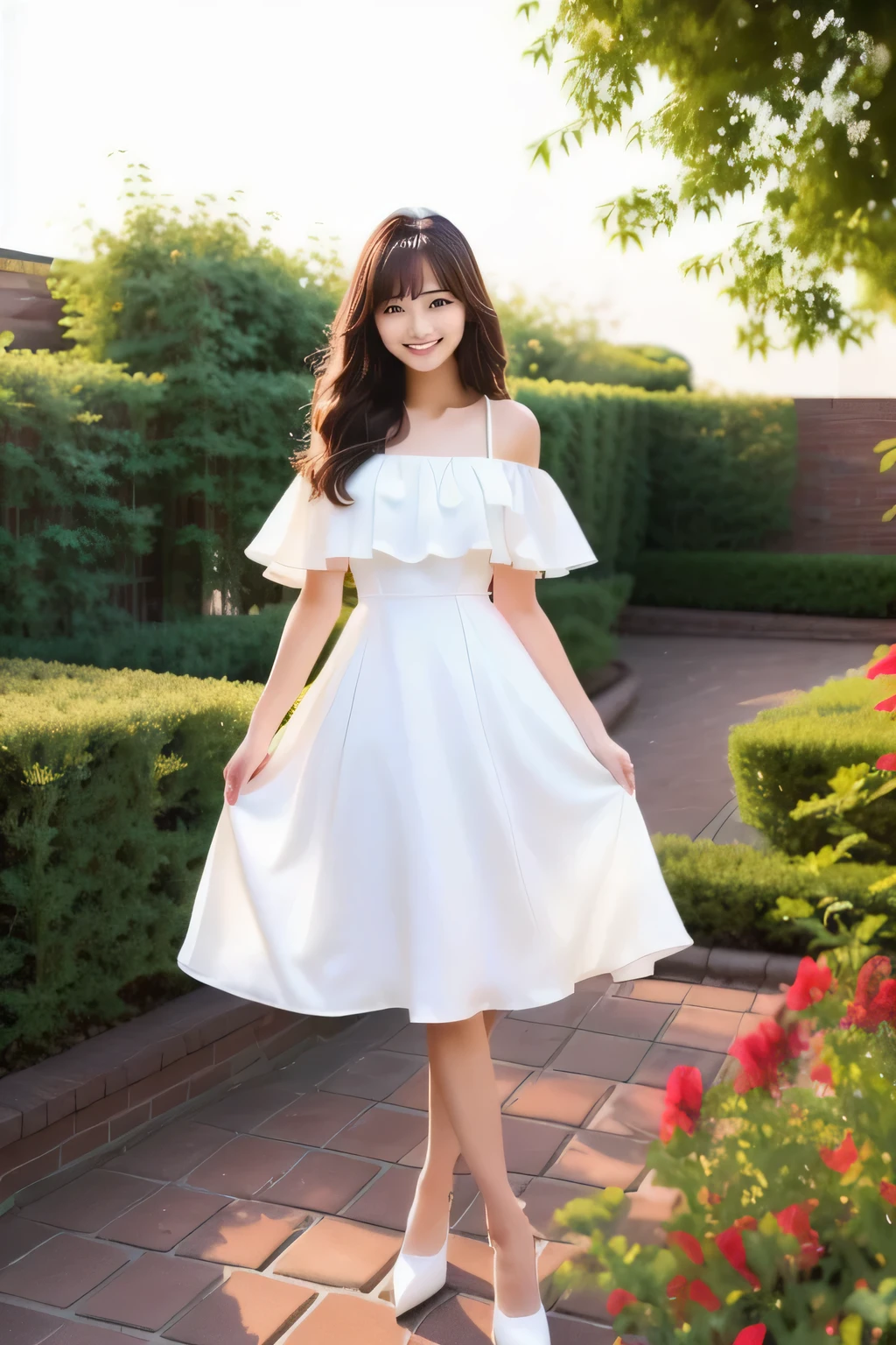 bangs, araffe woman in White Dress walking on brick walkway in garden, flowing White Dress, wearing a white loose fitting dress, elegant White Dress, Graceful smile pose, wearing White Dress,  In a dress, pretty White Dress, White Dress, full body White Dress, Romantic Dress, loose fitting dress, Cute and elegant pose, korean female fashion model