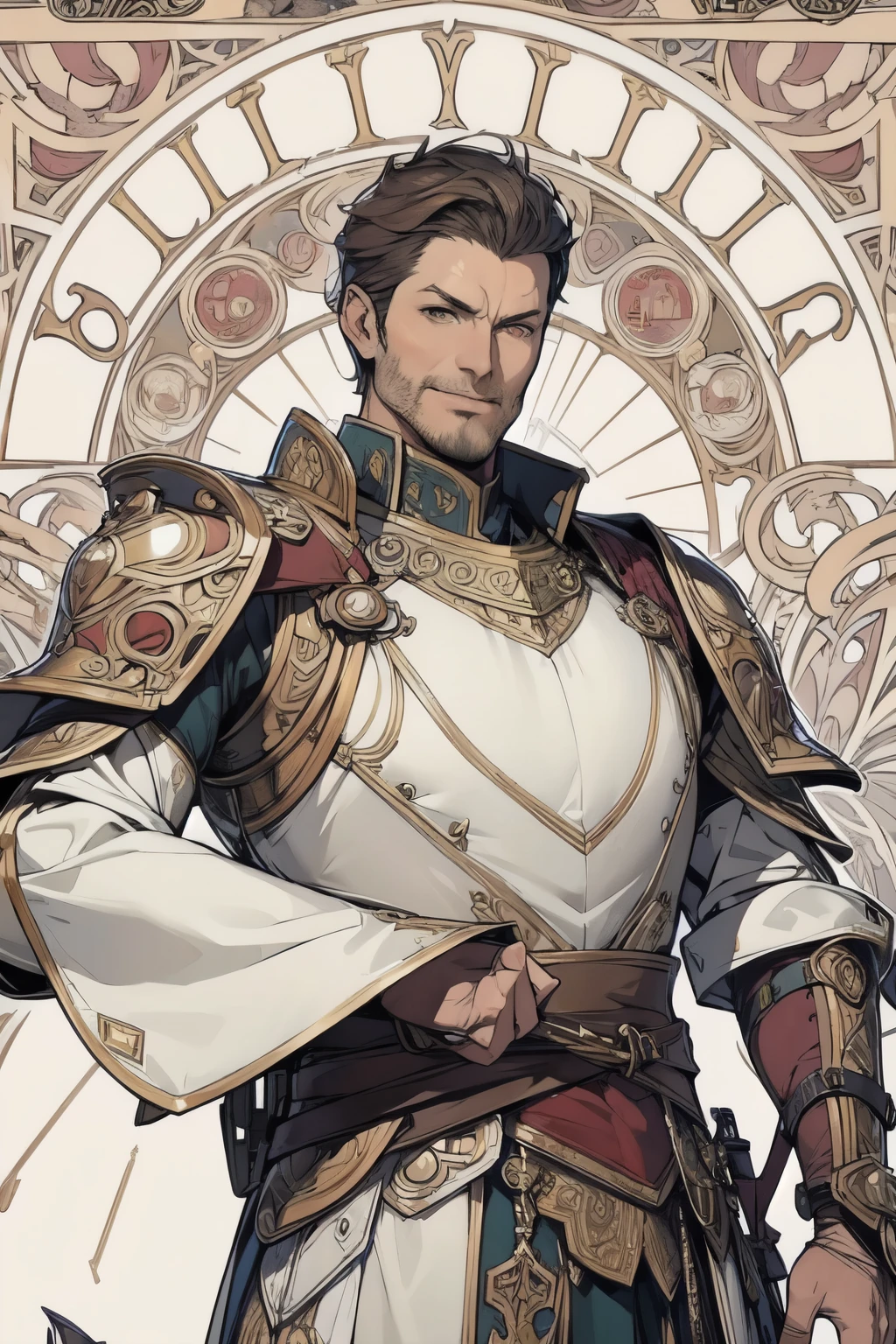 middle-aged man with a full view,poses,Arcaniic smile,background white,(mercenary),(Mucha in the background)