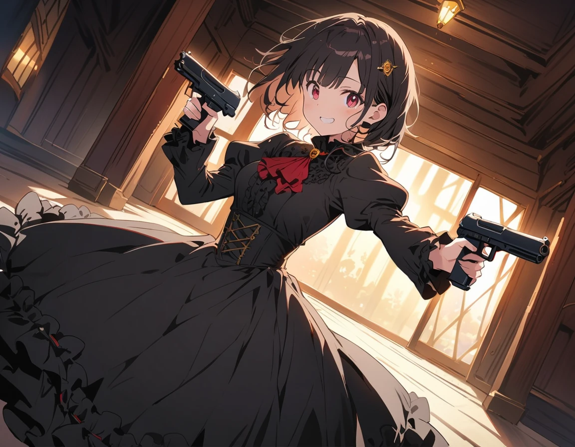 1 beautiful girl、Rin々A funny expression、(black victorian dress:1.4、Formal wear)、(Jewelry decoration)、(familiar:1.2)、(Dual pistols:1.6)、Action pose、Cool pose、Low waist posture、Complex skirt、steampunk、Full Body, (highest quality、masterpiece、High resolution、detailed)、animeスタイル、Flat Style、High saturation、(Beautiful Eyes, Delicate and beautiful face, ),extremely detailed、(The Shining), Best lighting, Best Shadow、Dynamic Angle、anime
