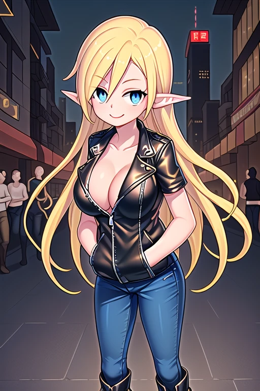 female,((full body)),(((pointed ears))),((((long blonde hair)))),((light blue eyes)),((smiling)),(((black short sleeve leather jacket))),(((clevage))),(((dark blue skinny jeans))),(((brown cowboy boots))),((((slender body)))),((((slender arms)))),((((slender legs)))),(((detailed city streets))),night,((((hands in pockets)))),, large breastsbreasts, cleavim waist,es,blush, embarrassed