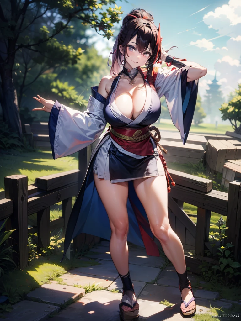 full body picture, glamour shot, {{{masterpiece}}}, {{{best quality}}}, {{ultra-detailed}}, {cinematic lighting}, {illustration}, {beautifuly detailed eyes}, {1girl}, extremely detailed, 1girl, solo, flirtatious pose, A beautiful shinobi warrior, purple hair in a long ponytail, wearing gold and blue clothing, warrior, playful smile, purple eyes, huge breasts, cleavage, hourglass figure, facing viewer, outdoors, woodland background, highly detailed face and clothing, slightly narrow eyes, perfect face, fair skin, hair bangs, long hair, noble beautiful, traditional Japanese clothing, shinobi woman, dynamic camera angle, from below, full body, whole body