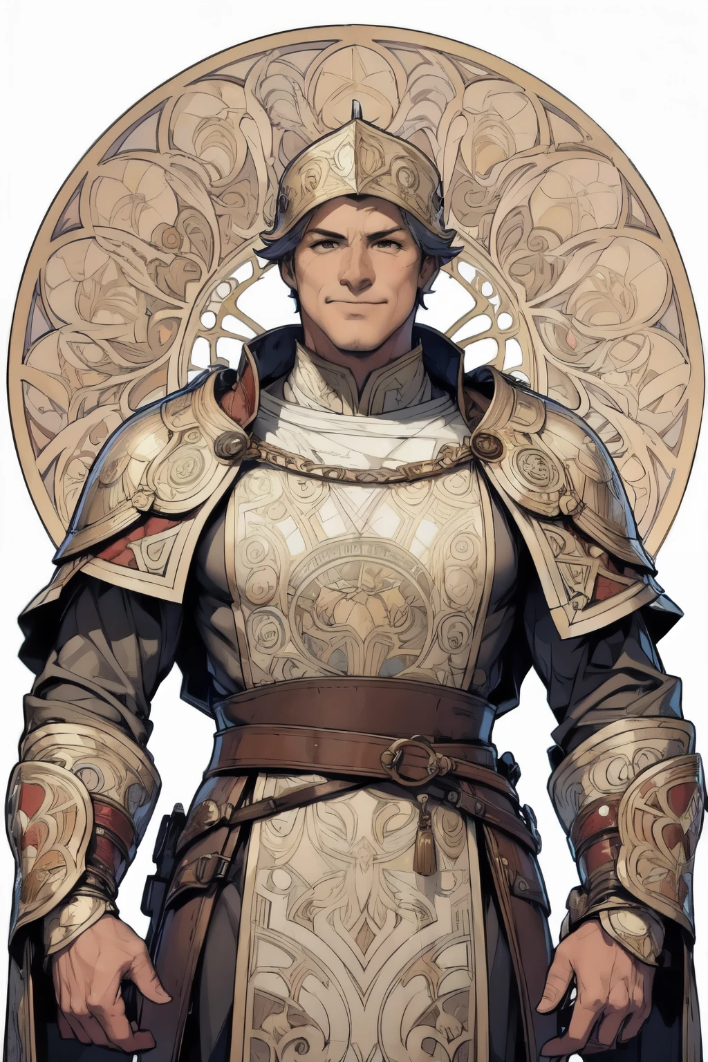 middle-aged man with a full view,Arcaniic smile,background white,(mercenary),(Mucha in the background)