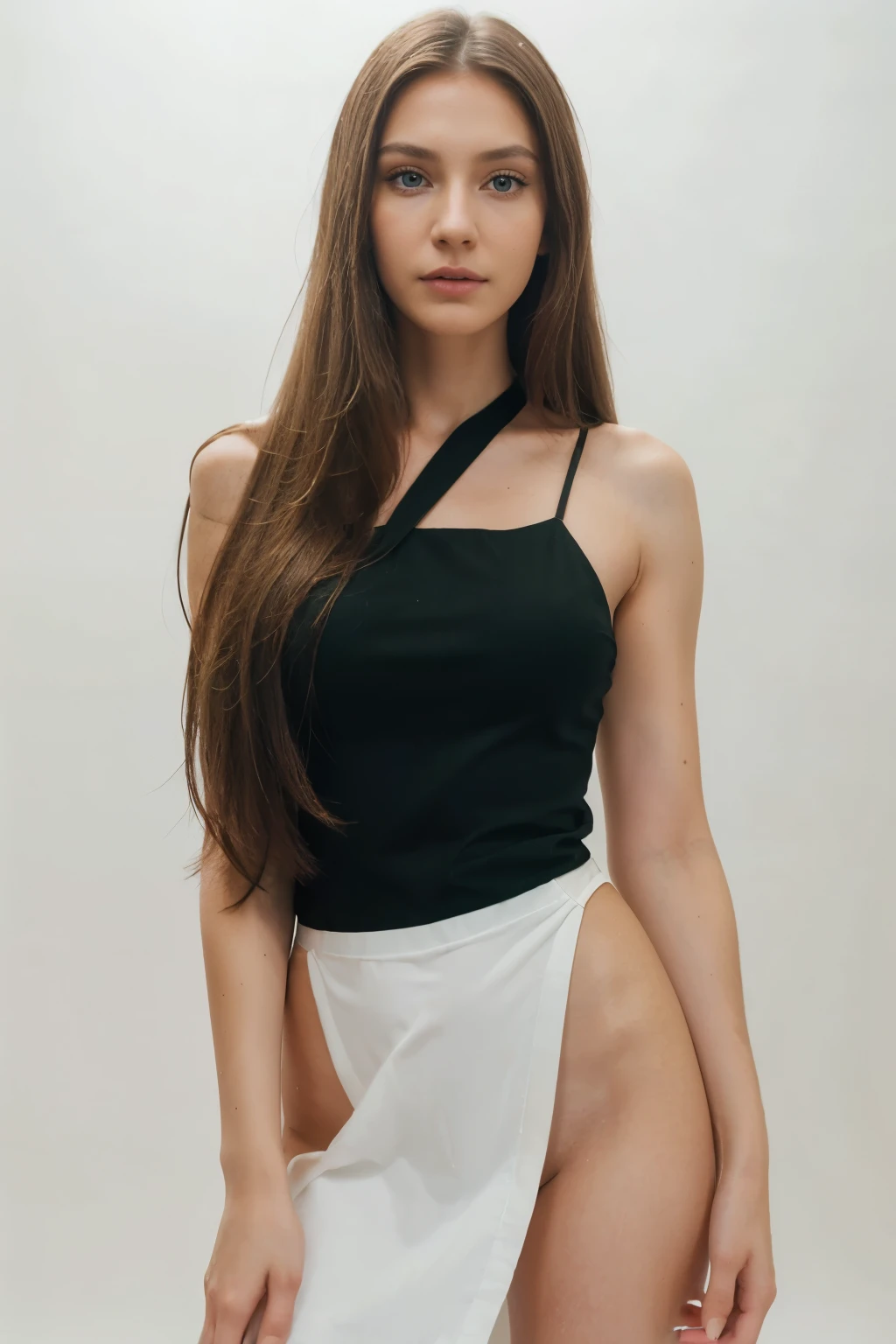 20 years old (hyper realistic)) Girl cute with (long straight dark blond hair) (beautiful nose)) ((cheekbones)) with (dark green eyes) , photo,wear (elegant black dress:1) fashion portrait in ((photostudio:1)), centered, uncropped, mood for instagram, ultra resolution, (Photorealist: 1.4), looking on camera, ((standing straight:1.1)), 8K, topquality, photostudio, (((white background)), gentle sweet face, natural makeup, photo RAW, HDR