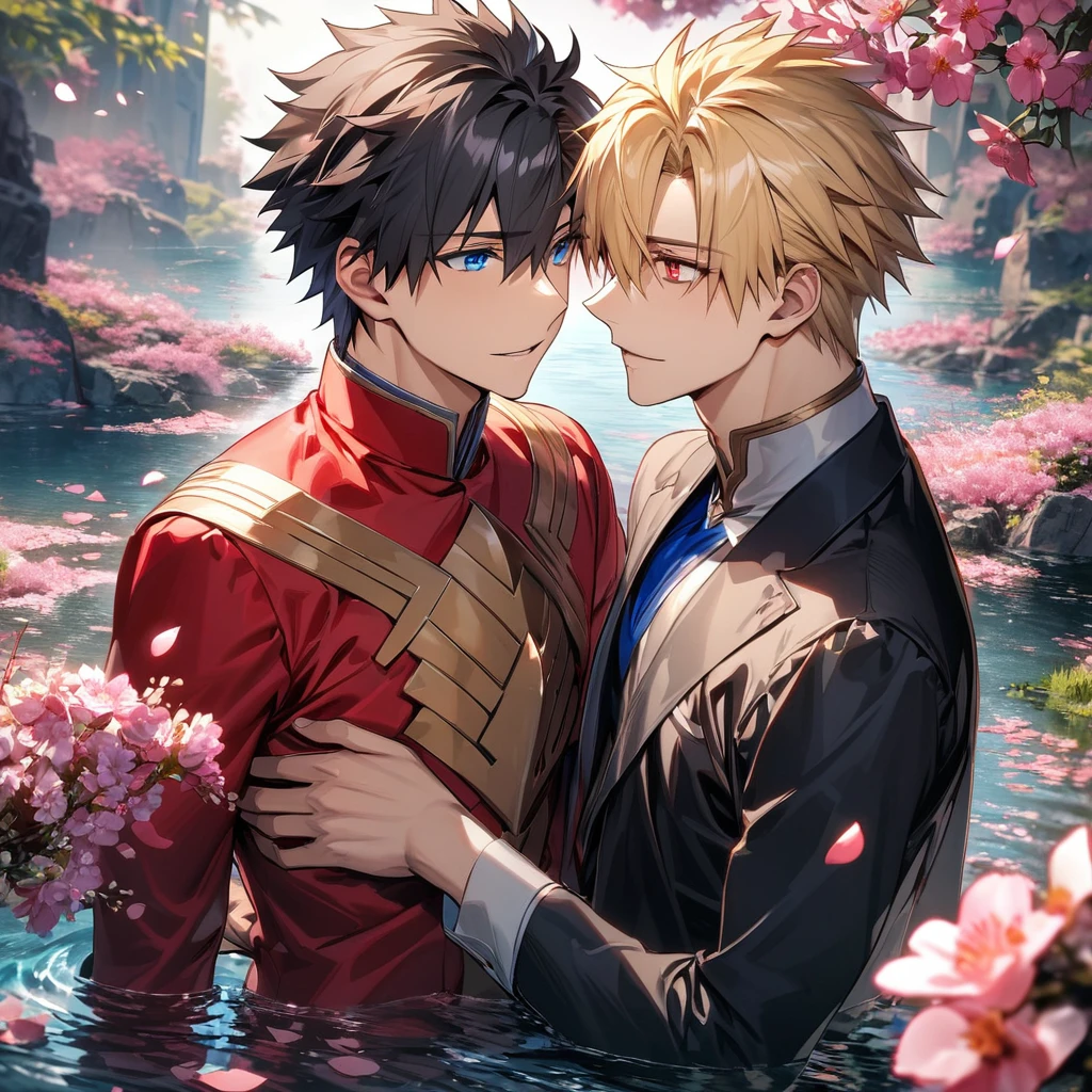absurdres, highres, ultra detailed, HDR, master piece, best quality, Nicholas D Wolfwood, black hair, expressive dark blue eyes, Trigun, Vash Stampede, blonde hair, expressive blue eyes, two sexy men together, gay couple, yaoi, handsome, toned chest, black jacket, red coat, magical, fantasy, shining, water, pink flowers, pink blossoms, pink butterflies, pink petals