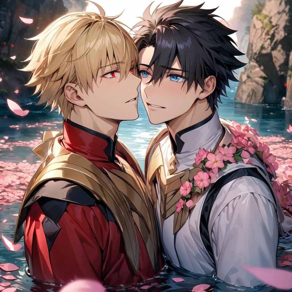 (absurdres, highres, ultra detailed, HDR), master piece, best quality, perfect face, delicate features, beautiful eyes, expressive red eyes, Gilgamesh, blond short hair, Fate Grand Order, Fujimaru Ritsuka, black hair, expressive blue eyes, white and red clothes, two men together, gay couple, handsome, pink flowers, pink petals, pink butterflies, water, blossoms
