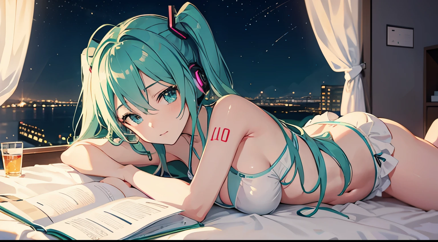 In bed with headphones、Studying on a laptop、Hatsune Miku in a bikini、Beautiful night view outside the window