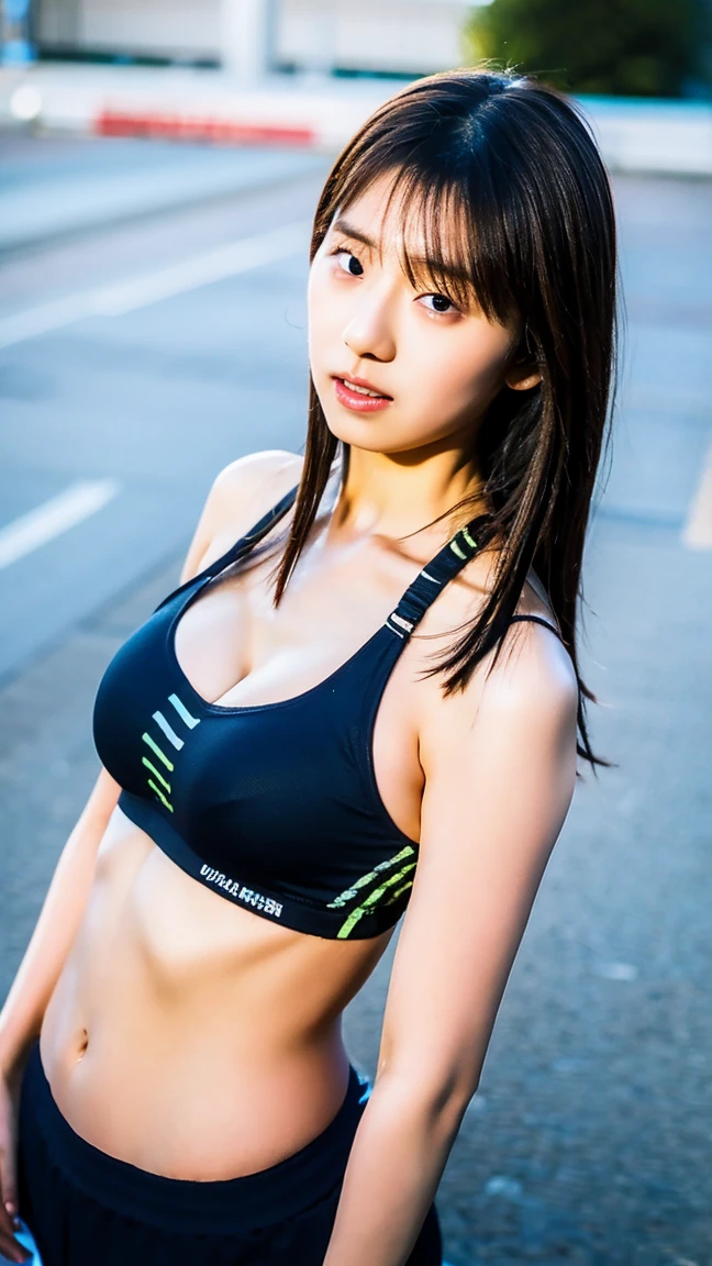 highest quality, Ultra-high resolution, (Realistic:1.4), One gravure pose, (I-cup super busty), View your viewers , Slender body, Full Body Shot 、Realistic skin texture、Stylish、Sports Bra、Sweating、Thighs、Butt、glossy、Embarrassed face