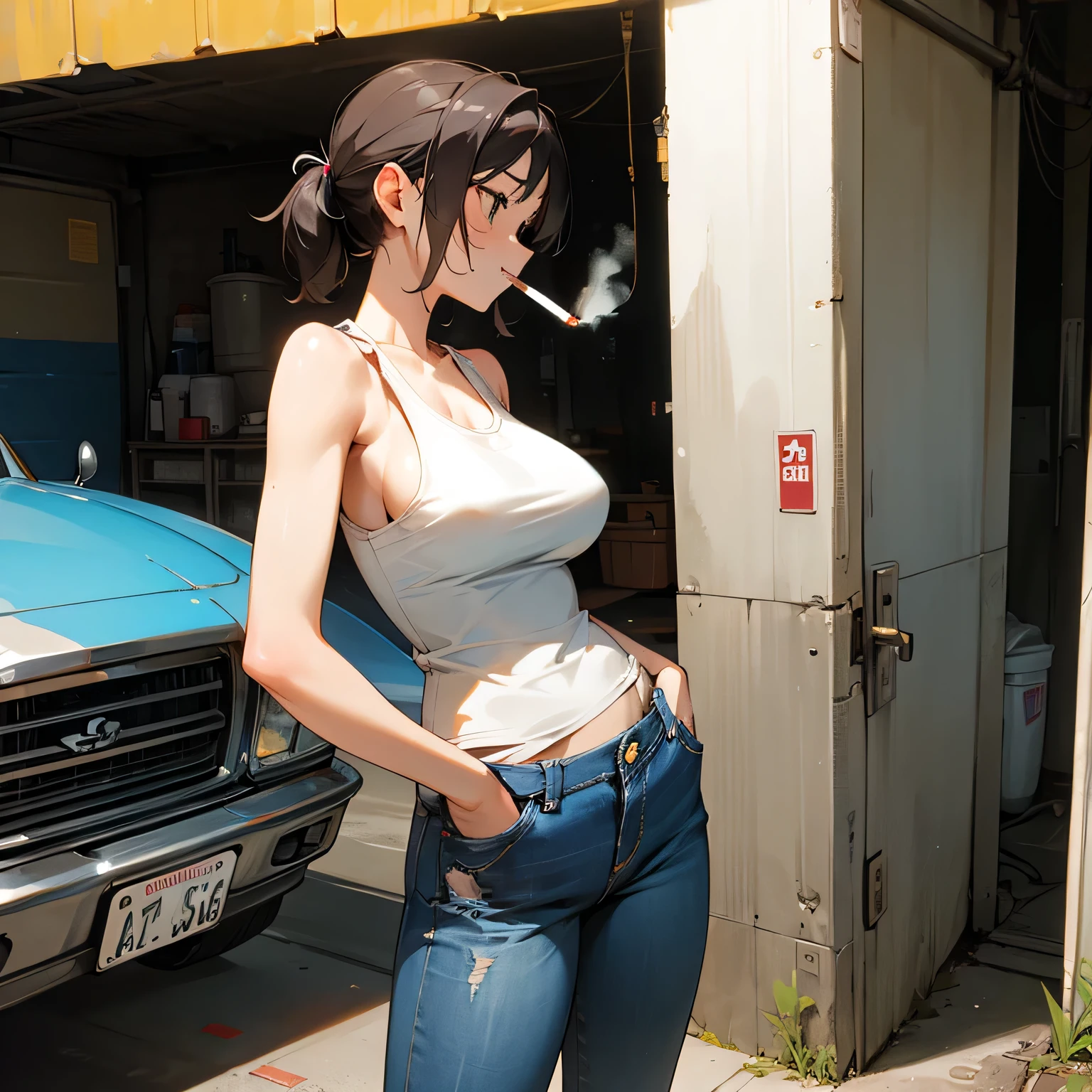 one person、garage、Have a cigarette in your mouth、Back view、Hand pockets、Sweaty、Baggy tank top、Distressed jeans、Big Breasts、woman