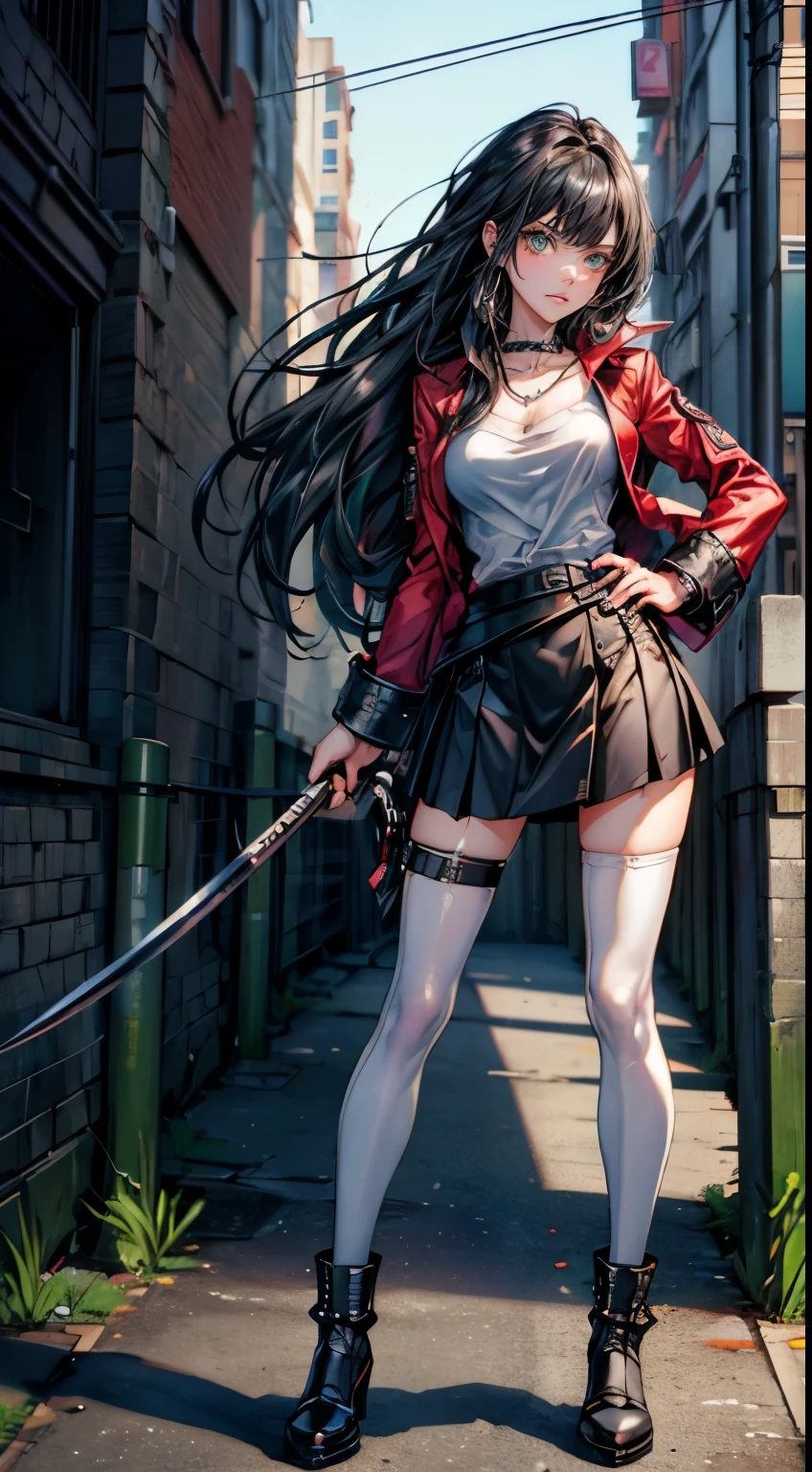 (masterpiece, best quality, highres, ultra-detailed), 1woman, long wave black hair, green eyes, handsome, detailed eyes and face, perfect body, bare collarbones, chain necklace, city slums background, oblique bangs, small breasts, short  gray skirt, white blouse, black blazer, Shoes, white kneesocks, red armband, Katana in hand, street, Strict look, chav, by amano Akira , reborn