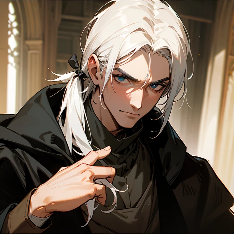 homem medieval com cabelo preto e rosto serio