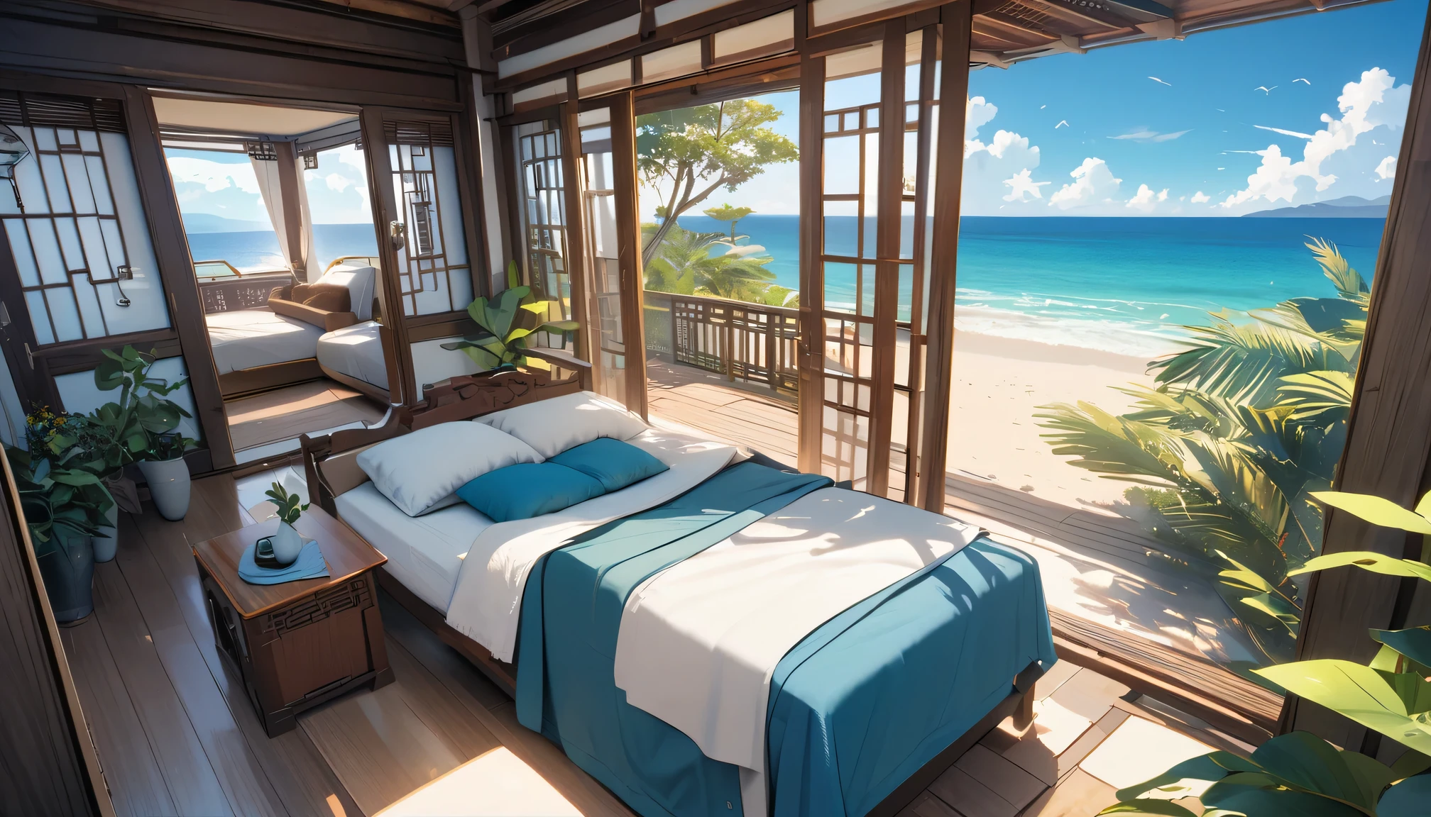 Best quality,4k,masterpiece,Beautiful blue coast landscape,Traditional Chinese wooden buildings near the beach,ornate carvings,Exquisite lattice windows,Peaceful atmosphere,Tranquil sea breeze,Sunlight,plant,Vibrant colors,Natural and architectural,A fusion of traditional and modern elements,Golden sand,Peaceful beach,natural beauty,Timeless elegance,Unique charm