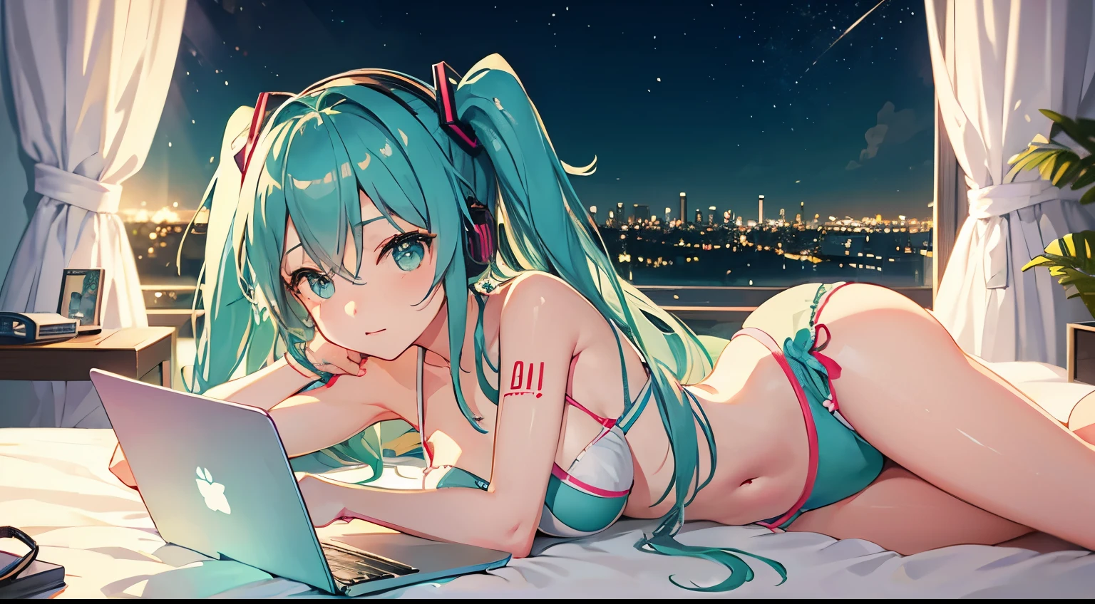 In bed with headphones、Studying on a laptop、Hatsune Miku in a bikini、Beautiful night view outside the window