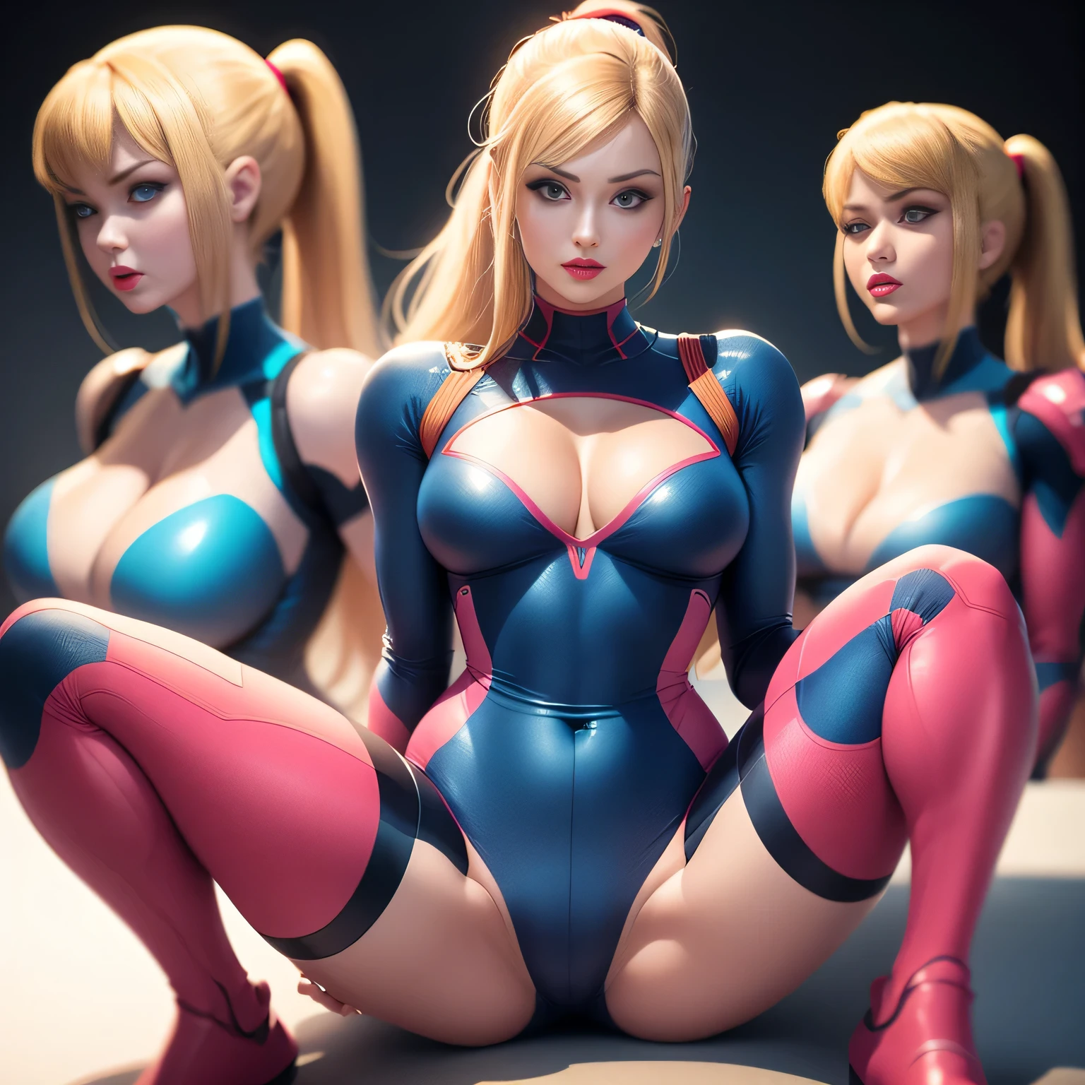zero suit samus, blue eyes, stunning proportions, zero suit, skin-fit bodysuit, white background, long hair, ponytail, extremely detailed, shiny, full body shot, sexy armor, cleavage, laying down, spread legs, pink lipstick