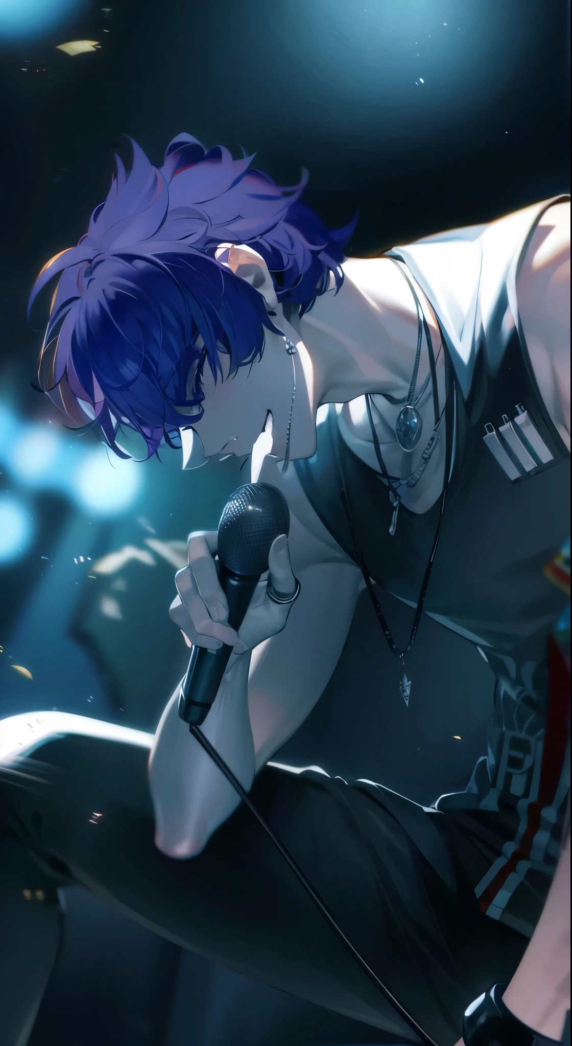 a handsome guy、Serious expression、Cool and beautiful face、Highly Detailed CG Unity 8K Wallpaper, (super masterpiece, Beautiful person, well detailed face polluted smile, It's photorealistic, Hyperrealistic)Cool and handsome face、Grown-up、Sing with a microphone、The face is hidden by hair、profile、Tank top、necklace